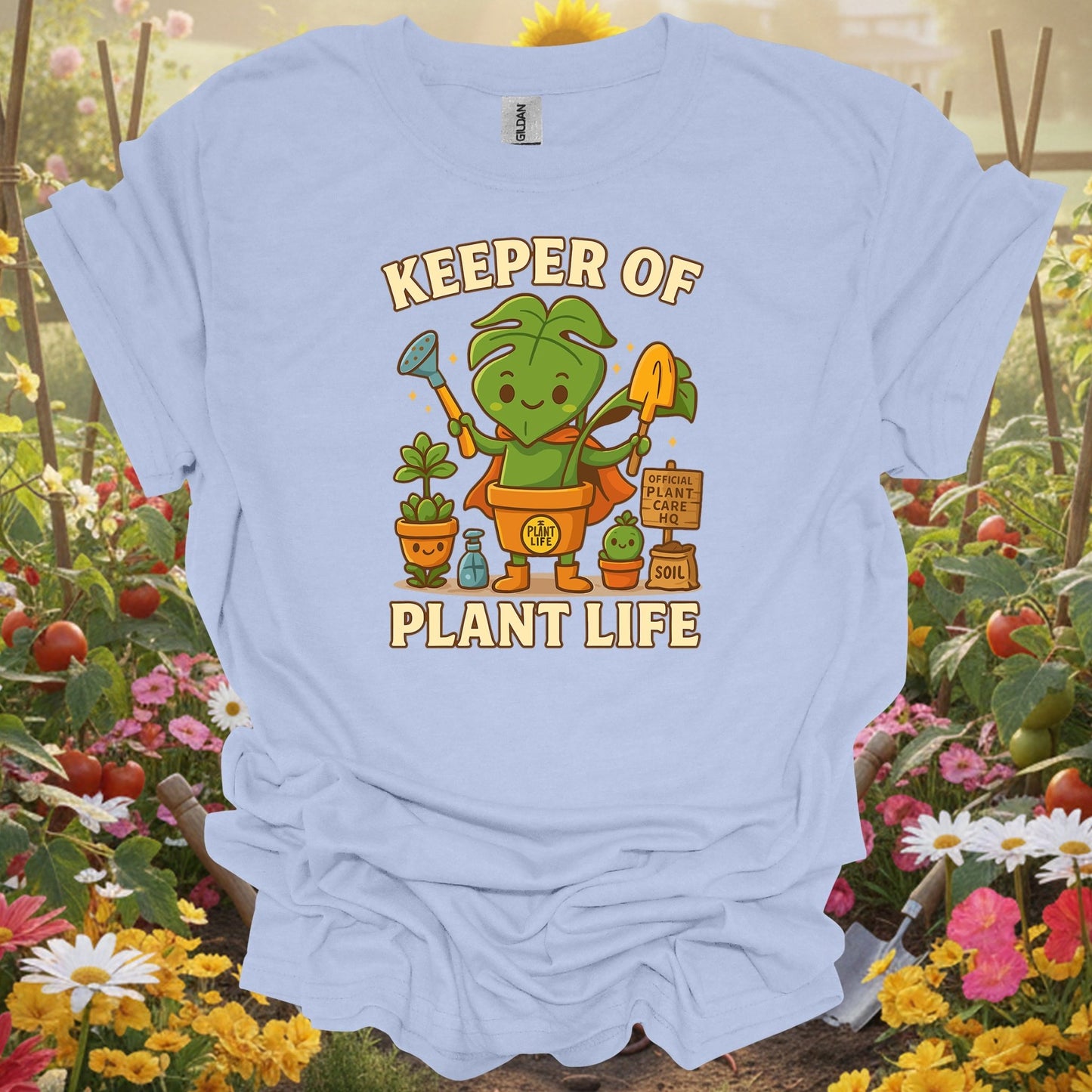 Light Blue shirt showing keeper of plant life whimsical houseplant hero for home gardeners