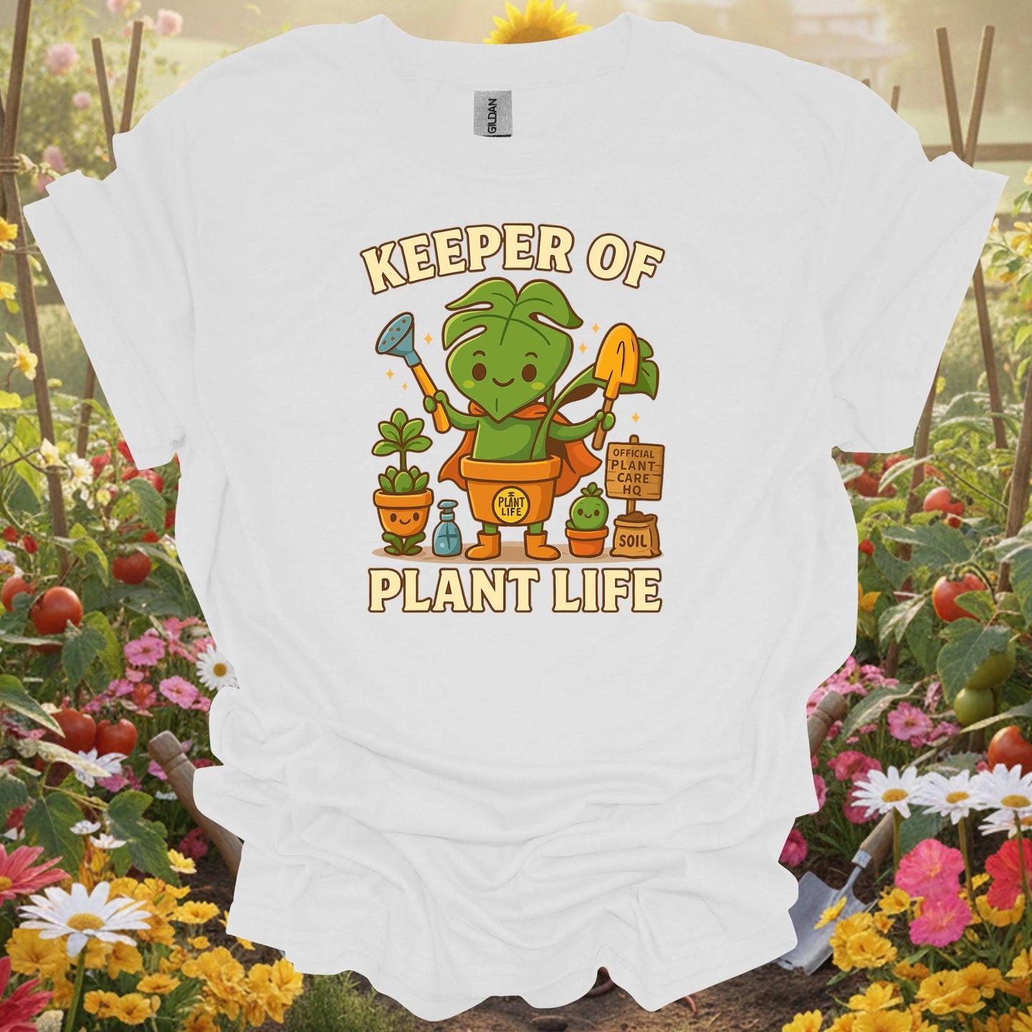 White shirt showing keeper of plant life whimsical houseplant hero for outdoor enthusiasts