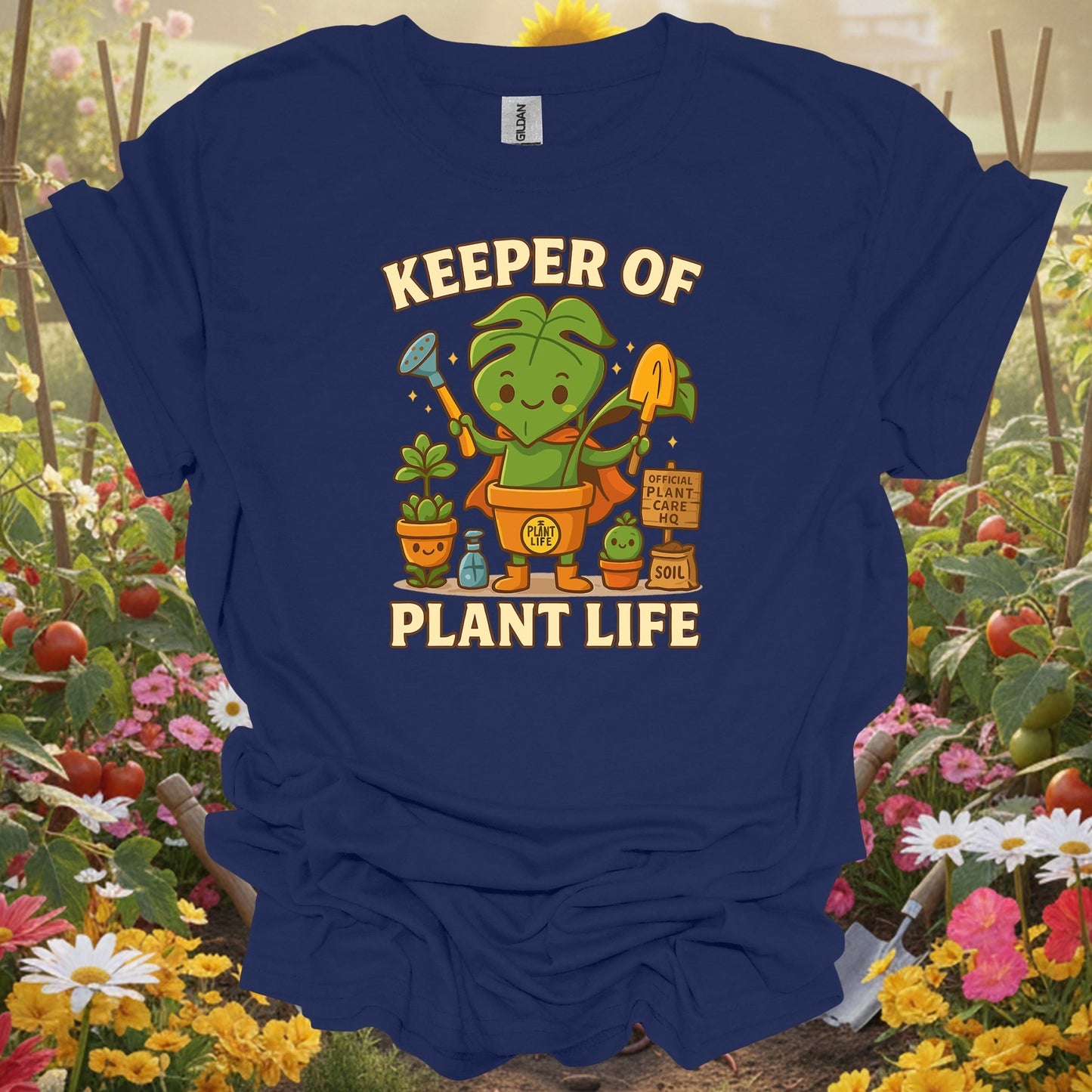 Navy top showing keeper of plant life whimsical houseplant hero for green thumb folks