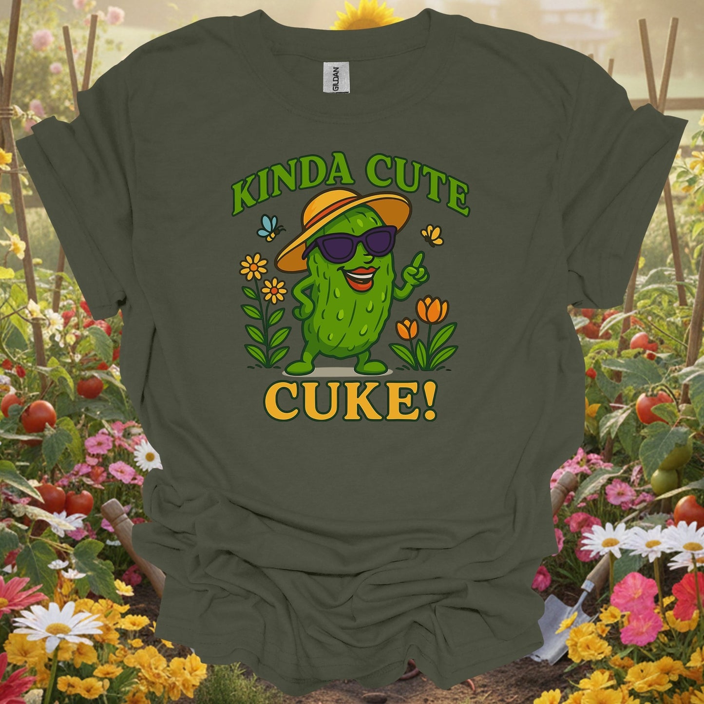 Military Green top showing kinda cute cuke vintage style cool pickle for nature lovers