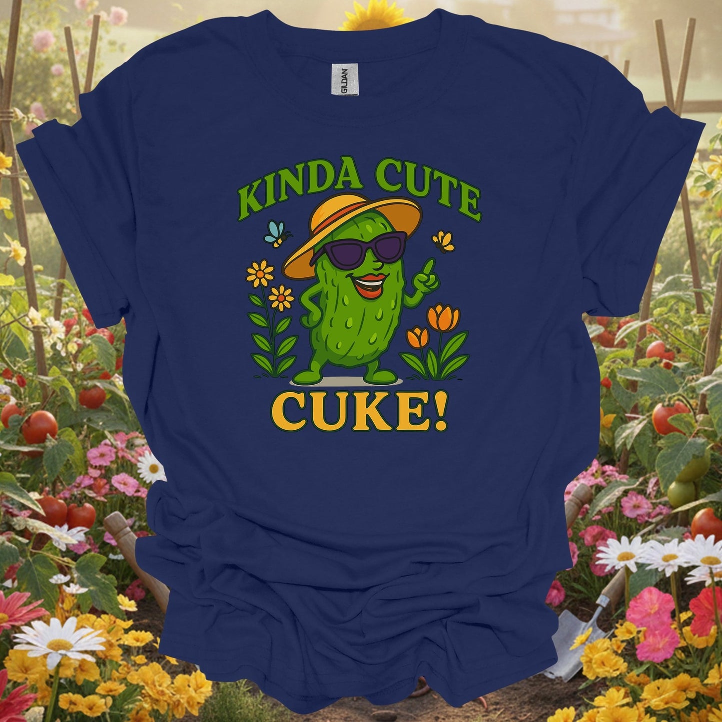 Navy shirt showing kinda cute cuke vintage style cool pickle for home gardeners