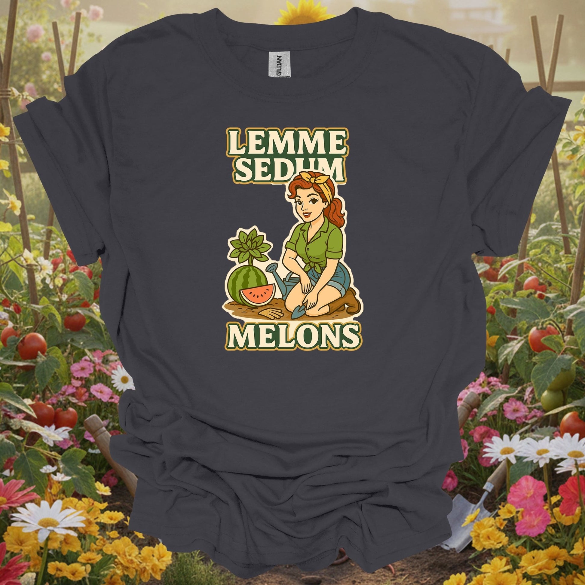 Charcoal tee showing lemme sedum melons double entendre pin-up gardener for plant lovers