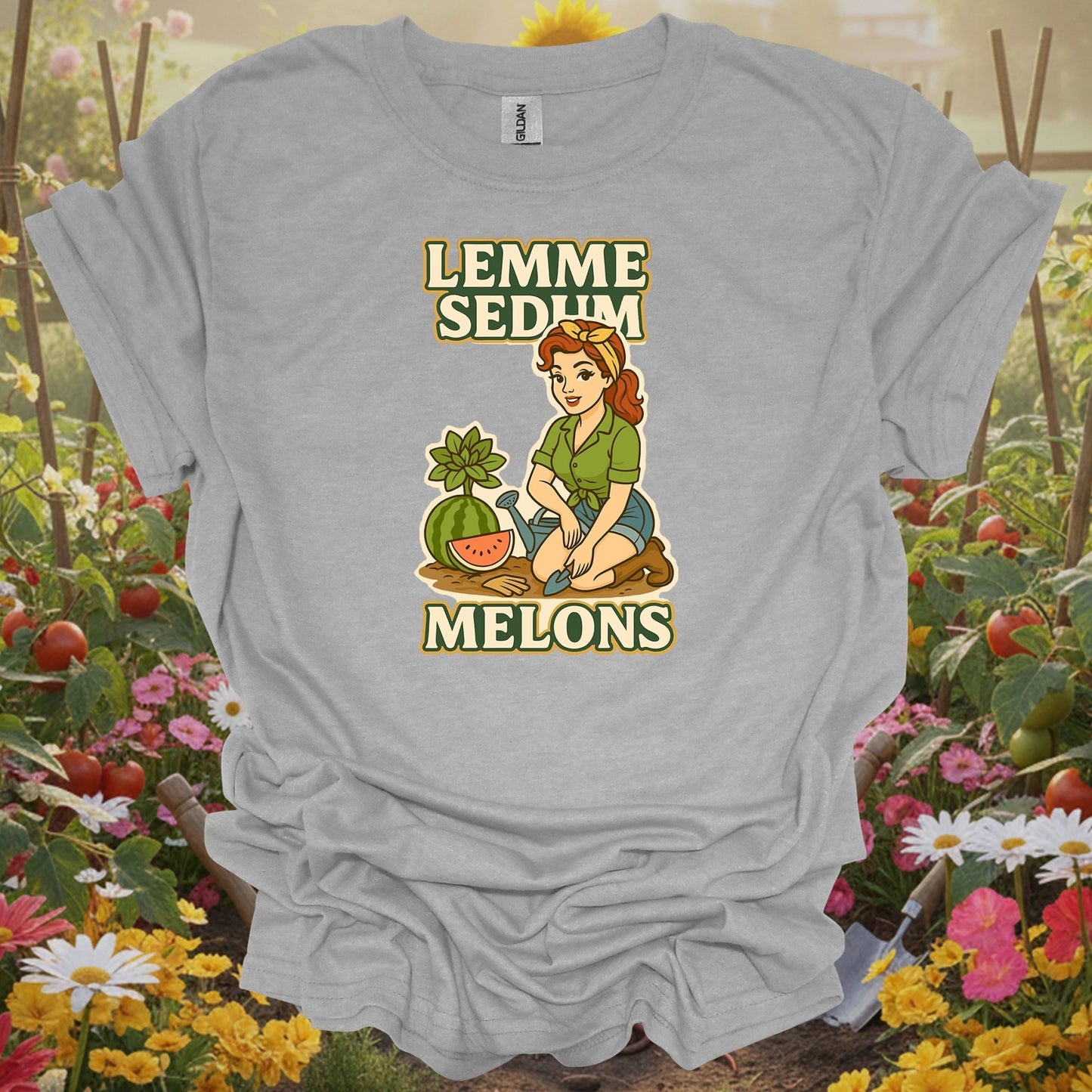 Sport Grey tshirt showing lemme sedum melons double entendre pin-up gardener for backyard growers
