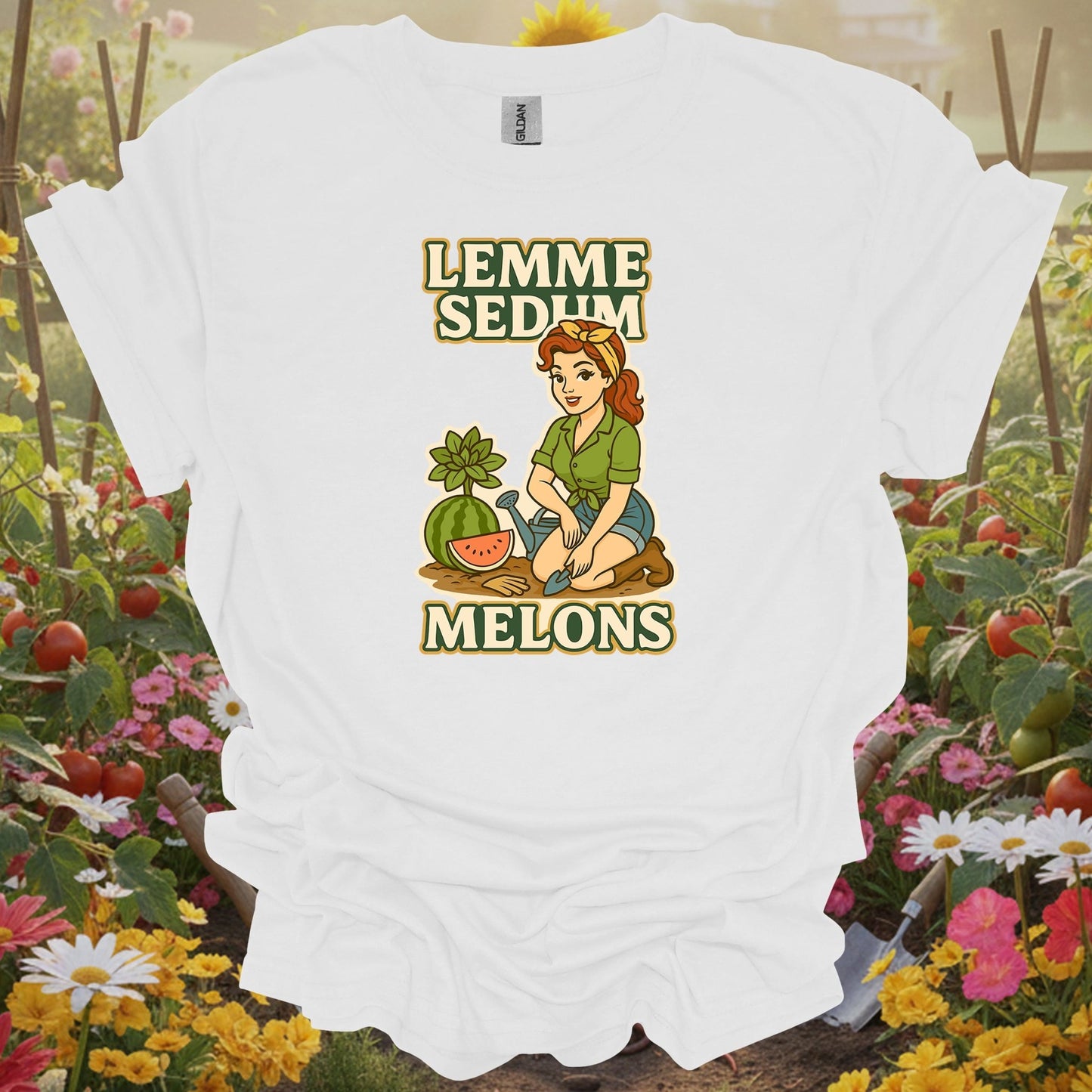 White tee showing lemme sedum melons double entendre pin-up gardener for garden hobbyists