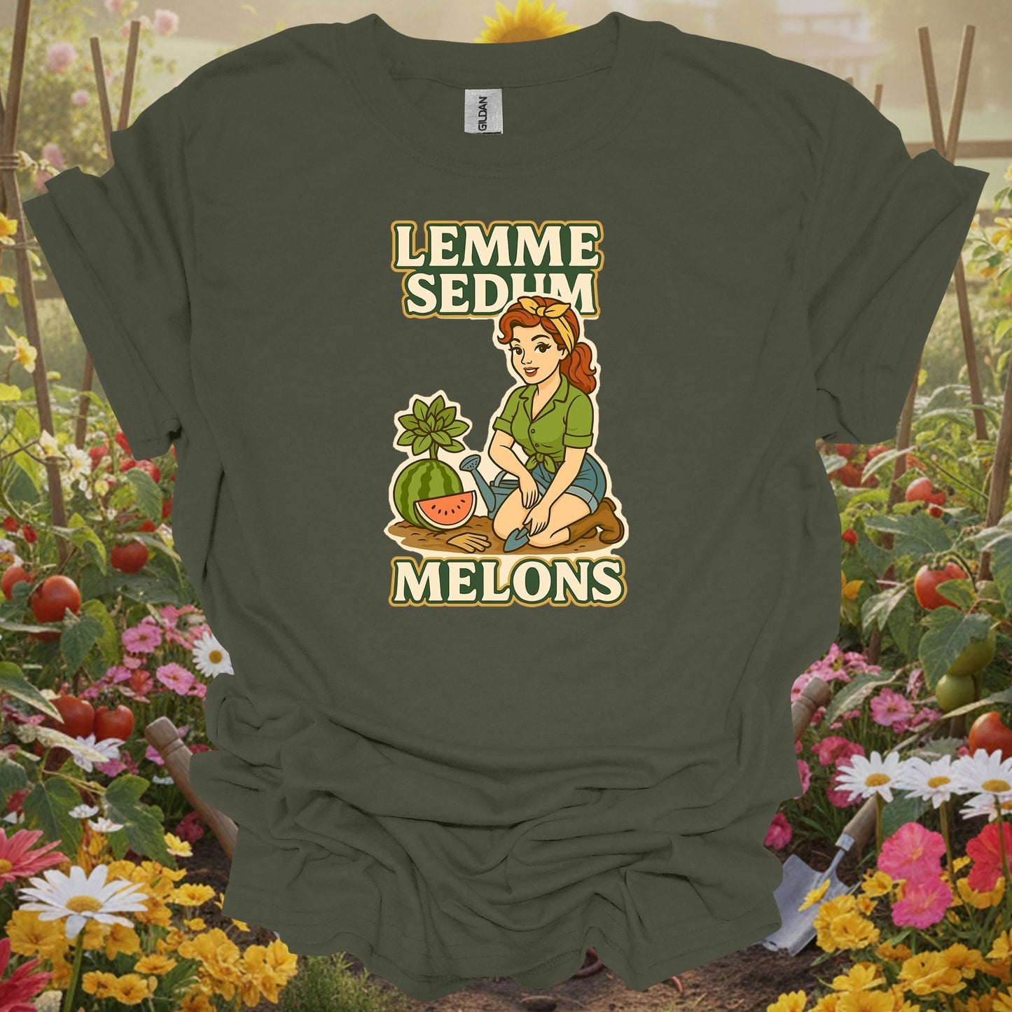 Military Green top showing lemme sedum melons double entendre pin-up gardener for nature lovers