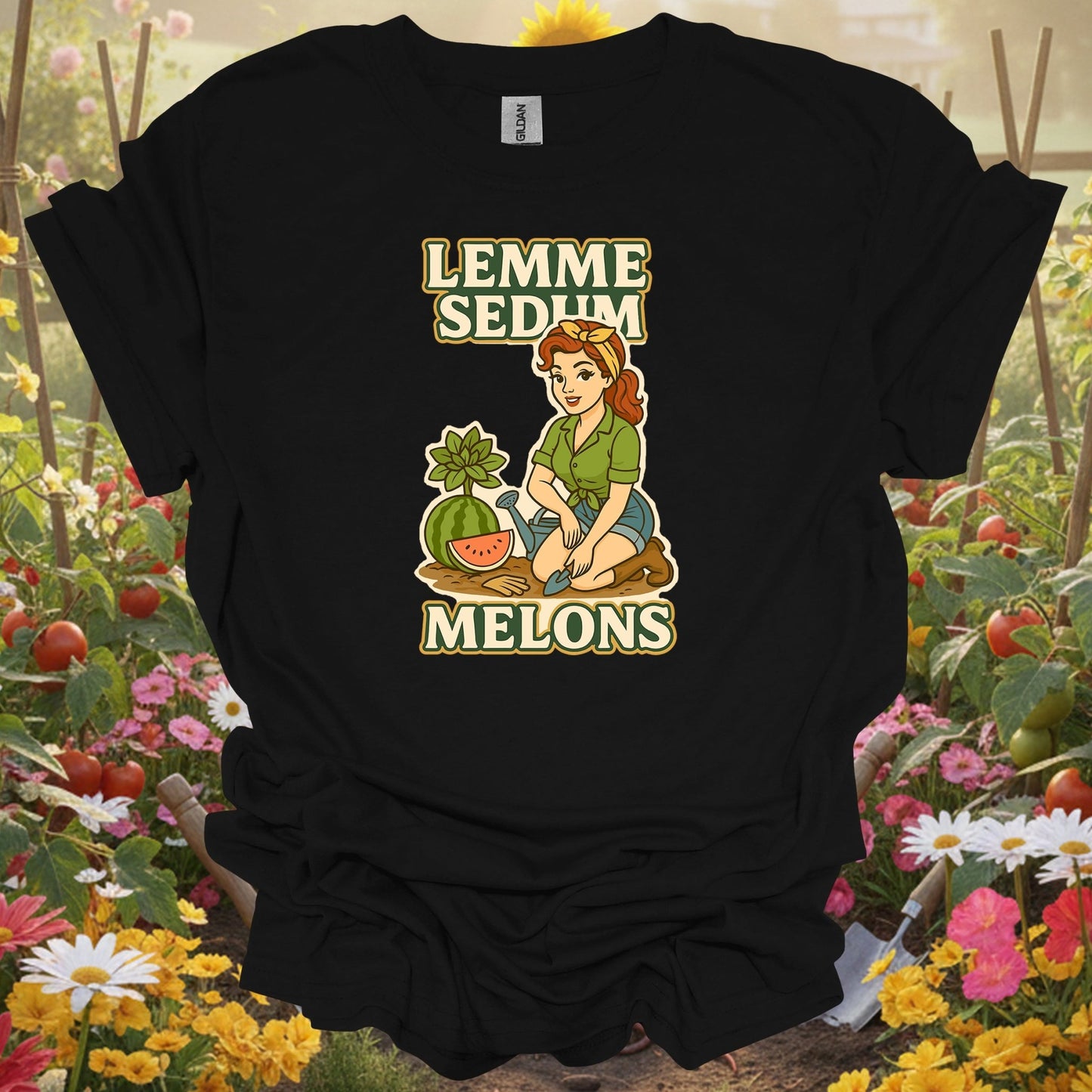 Black shirt showing lemme sedum melons double entendre pin-up gardener for outdoor enthusiasts