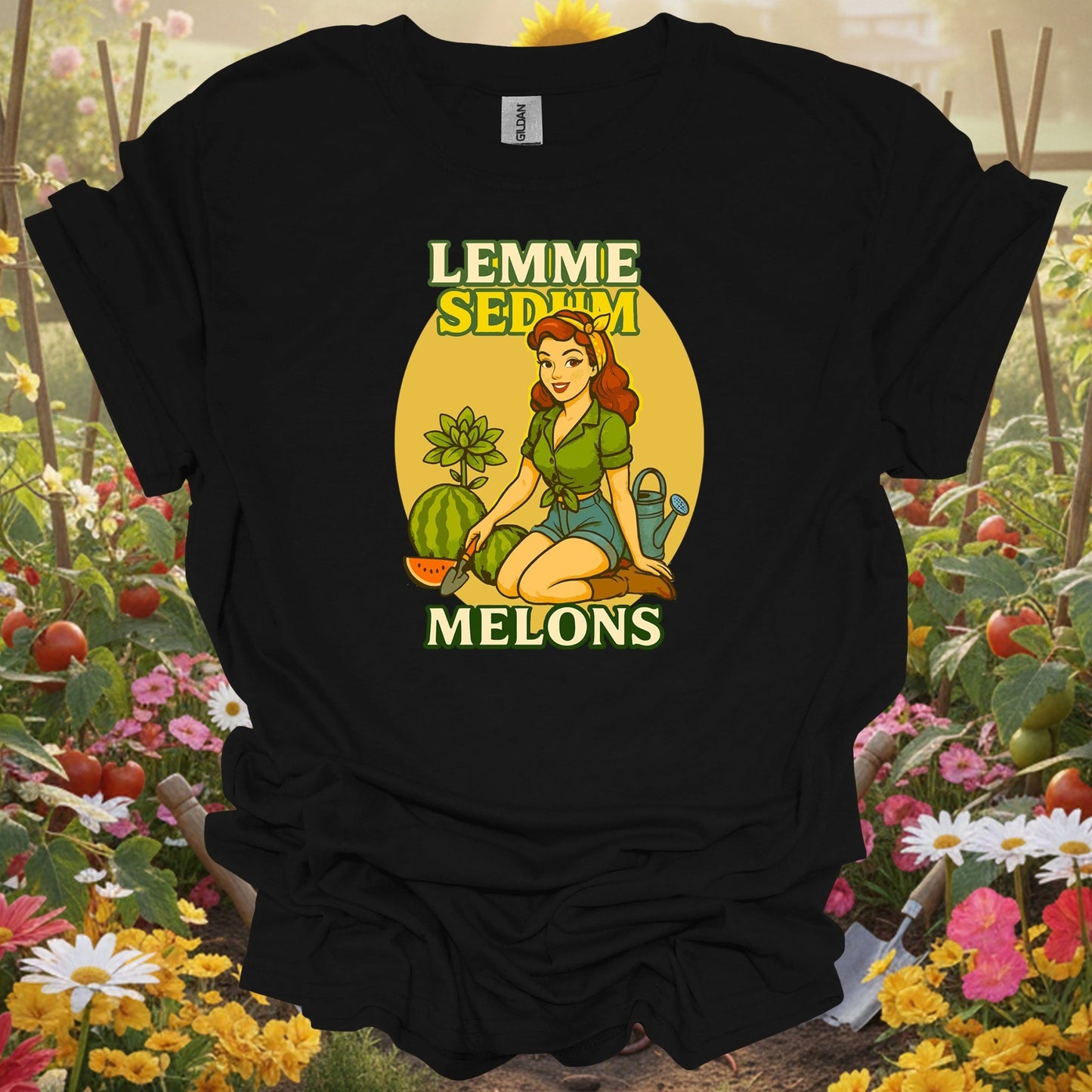 Black tshirt showing funny pinup gardener with lemme sedum melons pun for garden pun lovers