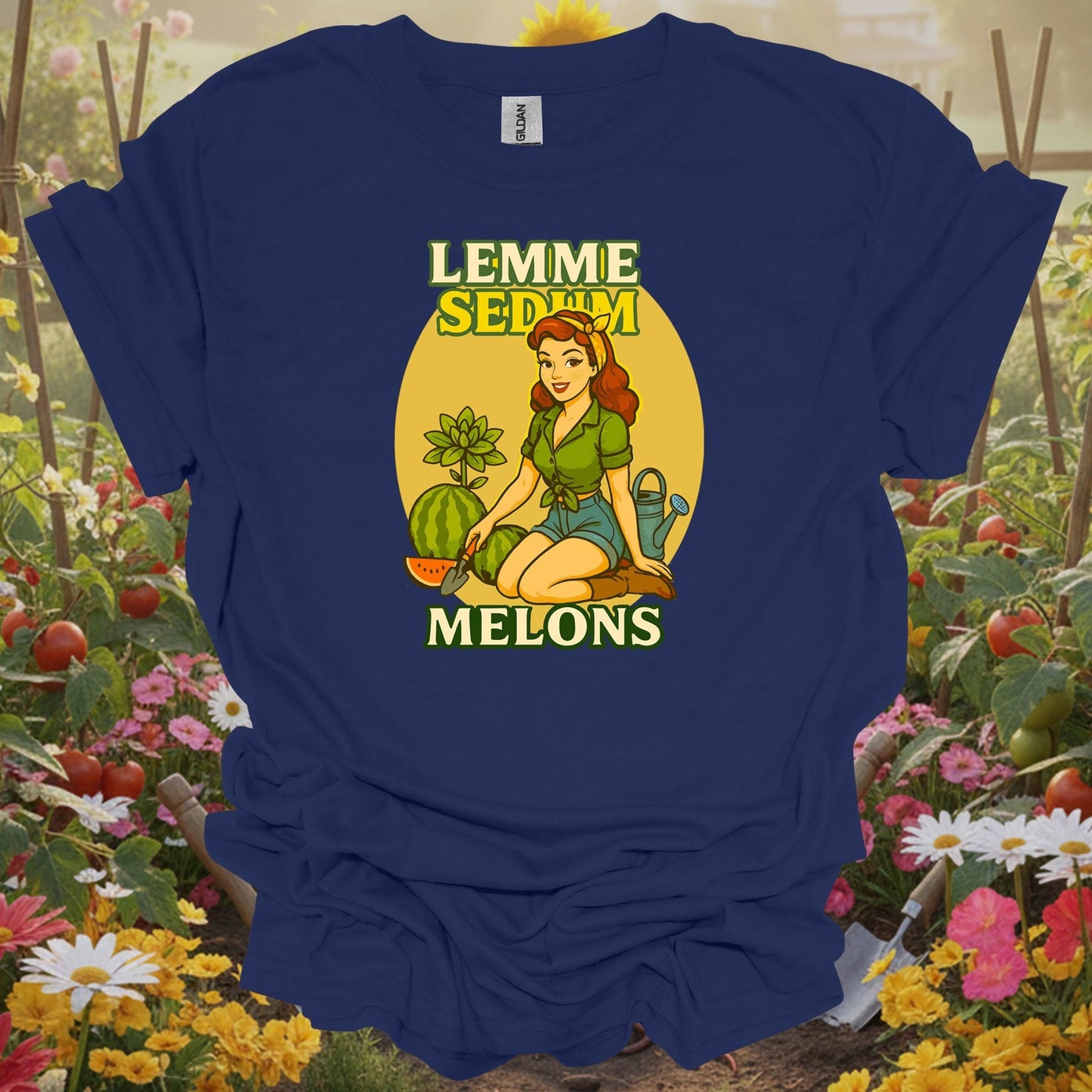 Navy top showing funny pinup gardener with lemme sedum melons pun for melon growers