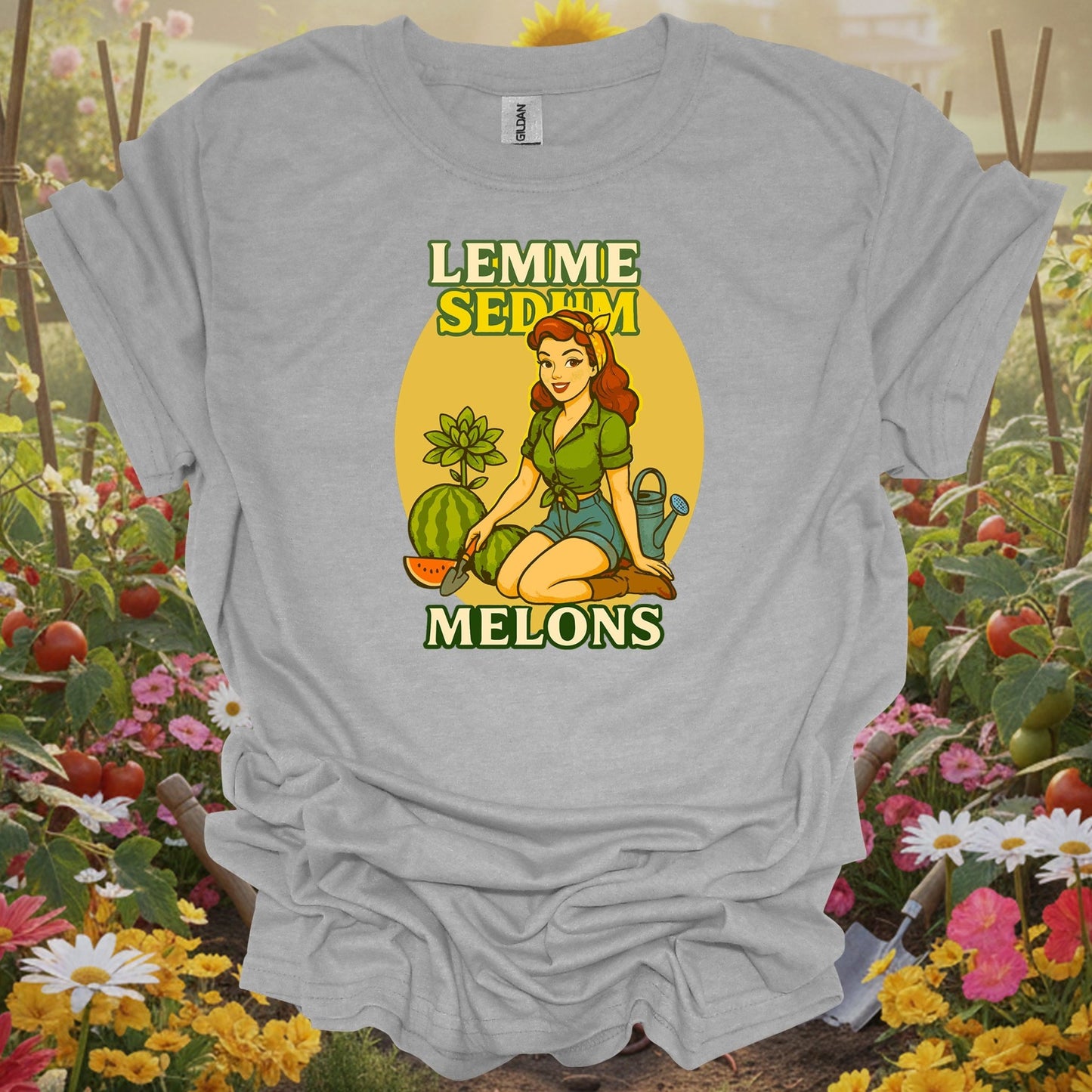 Sport Grey tee showing funny pinup gardener with lemme sedum melons pun for succulent enthusiasts