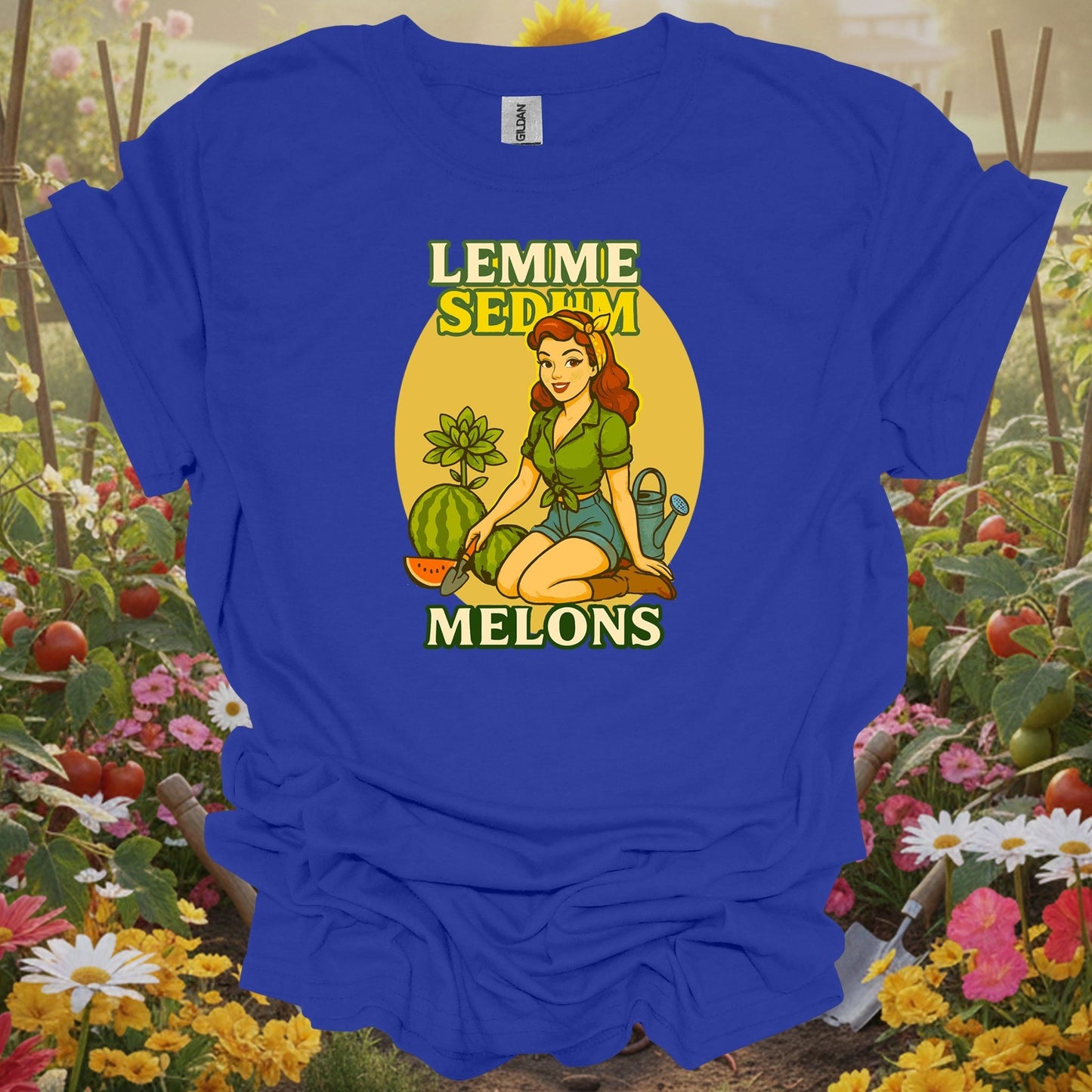 Royal tshirt showing funny pinup gardener with lemme sedum melons pun for people who love wordplay