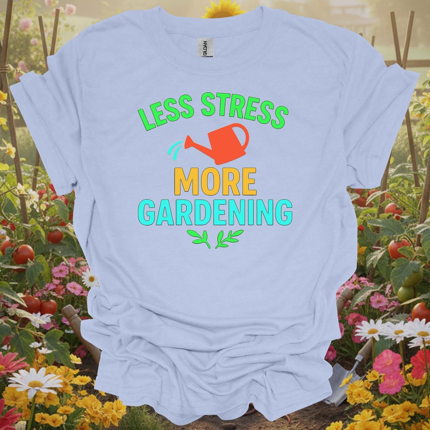 Light Blue shirt with a mindful gardening theme making a perfect stress relief T-shirt gift for any dedicated plant parent.