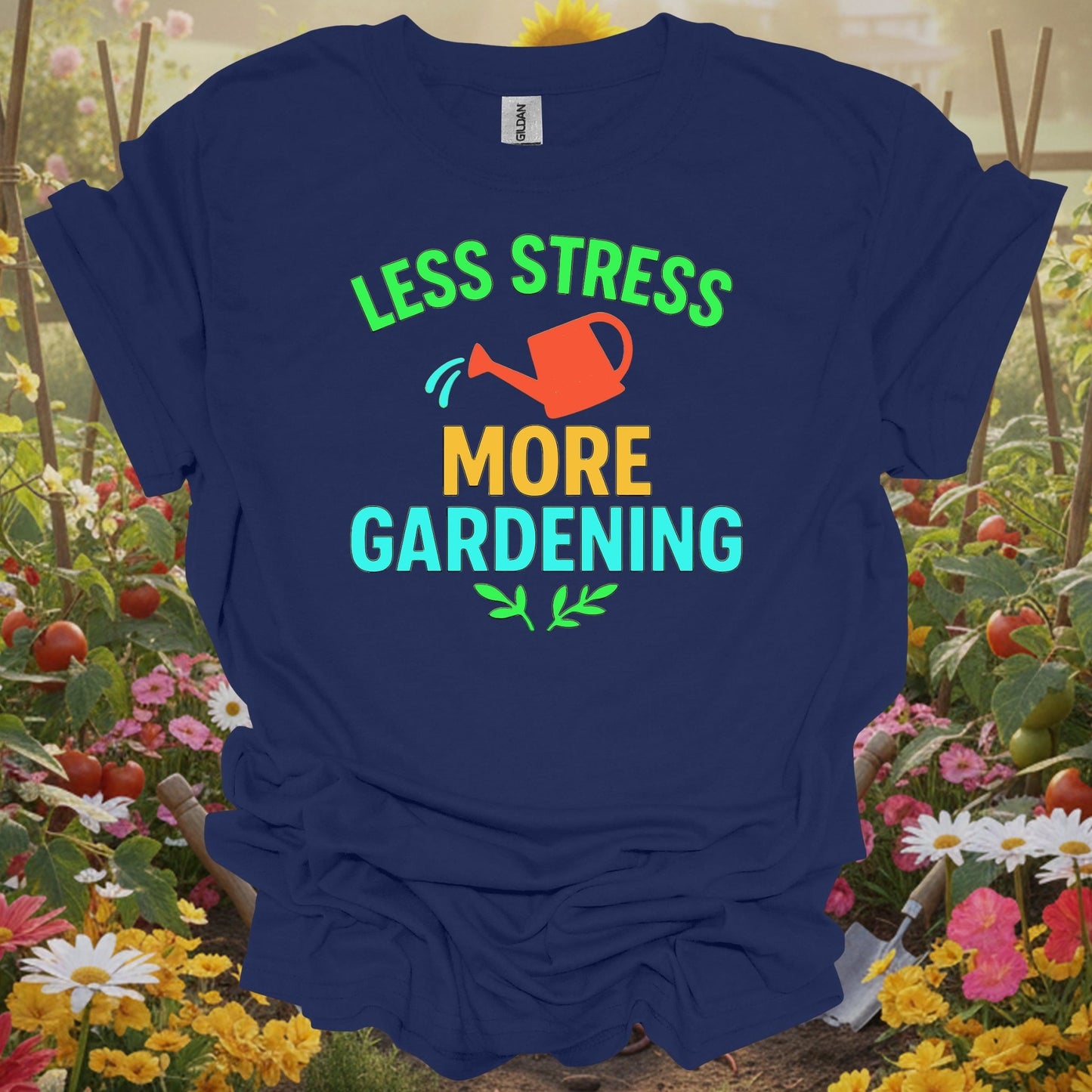 Navy top with a bold typographic graphic that captures an earthy and mindful homesteading vibe for every home grower.