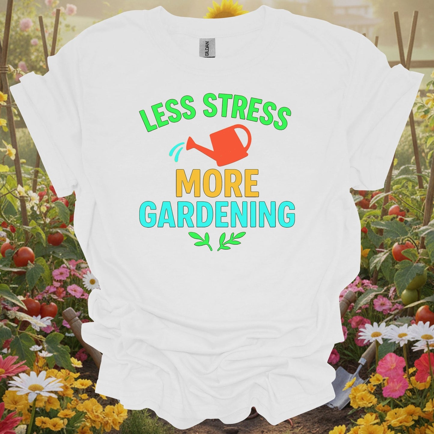 White shirt featuring a vibrant stress-relief design on a classic tee for anyone who finds peace in their garden beds.