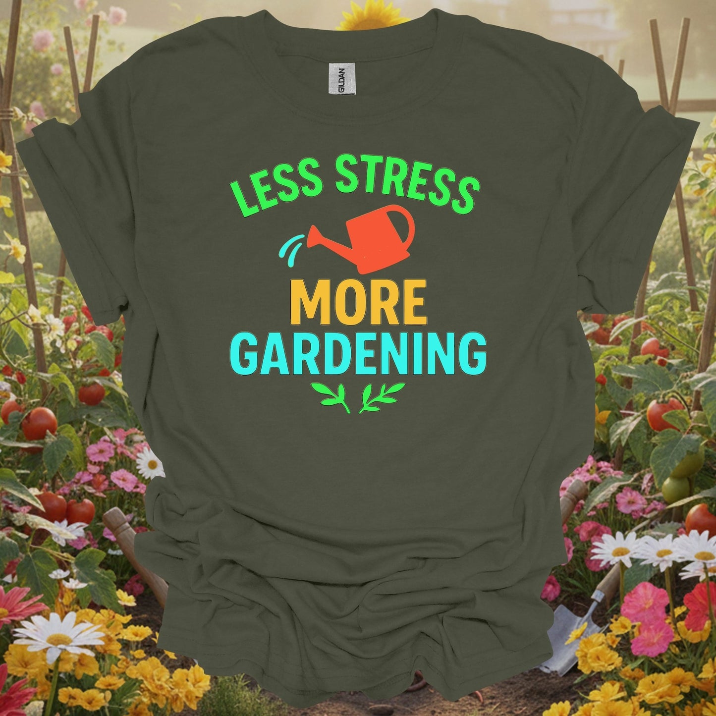 Military Green gardening tee with a clean and simple look that serves as a functional piece of wearable art for growers.