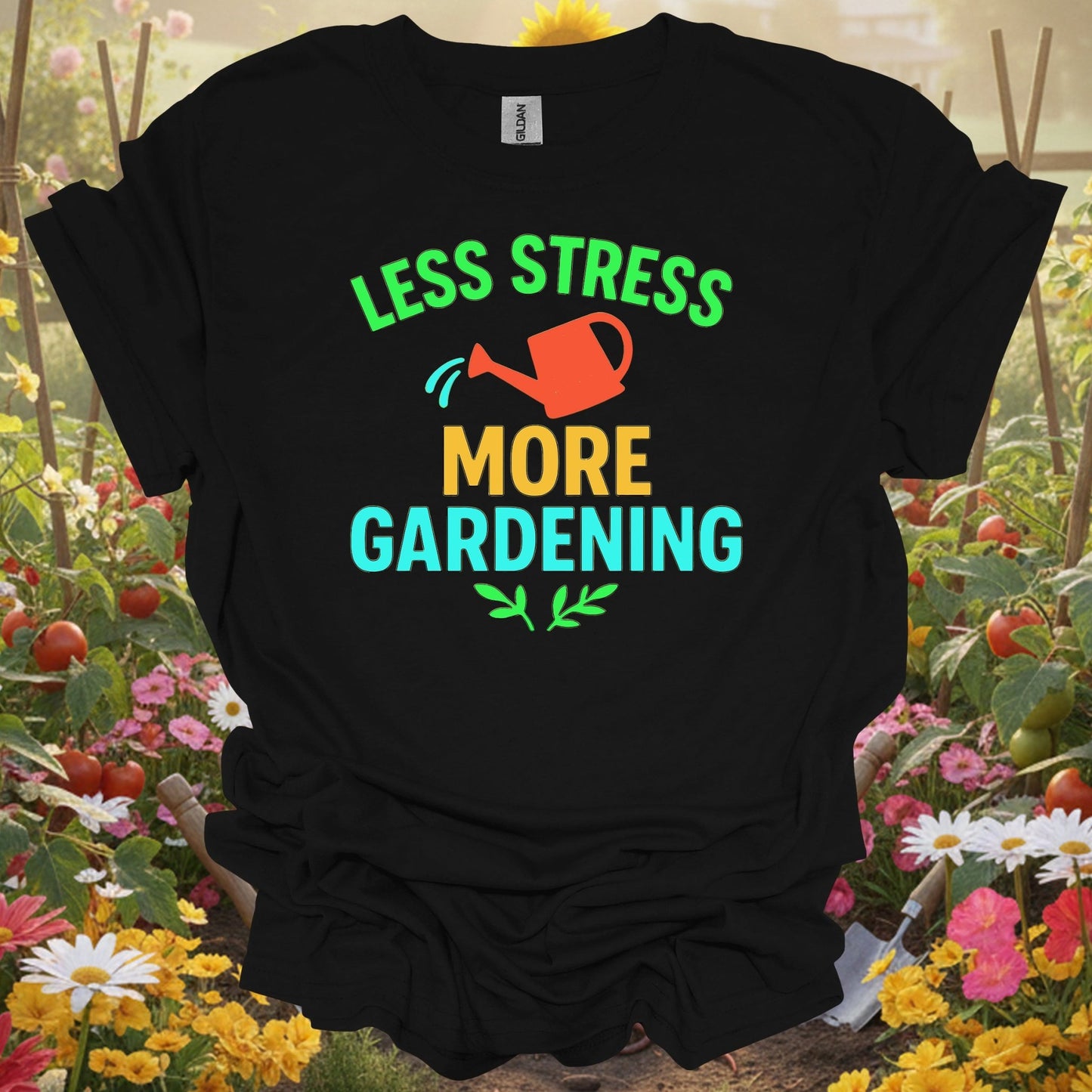 Black t-shirt with a high-contrast gardening theme that fits a modern slow-living garden aesthetic and mindful lifestyle.