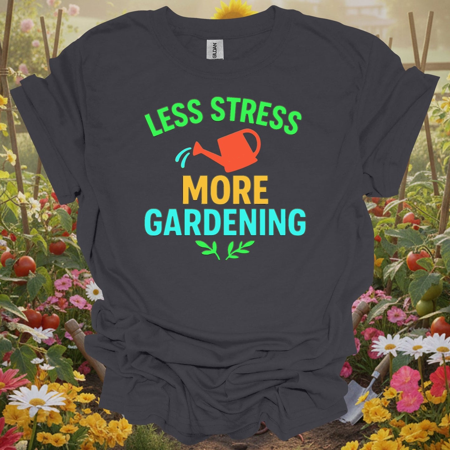 Charcoal tee featuring a minimalist watering can design that celebrates less stress and more gardening on a comfortable T-shirt.