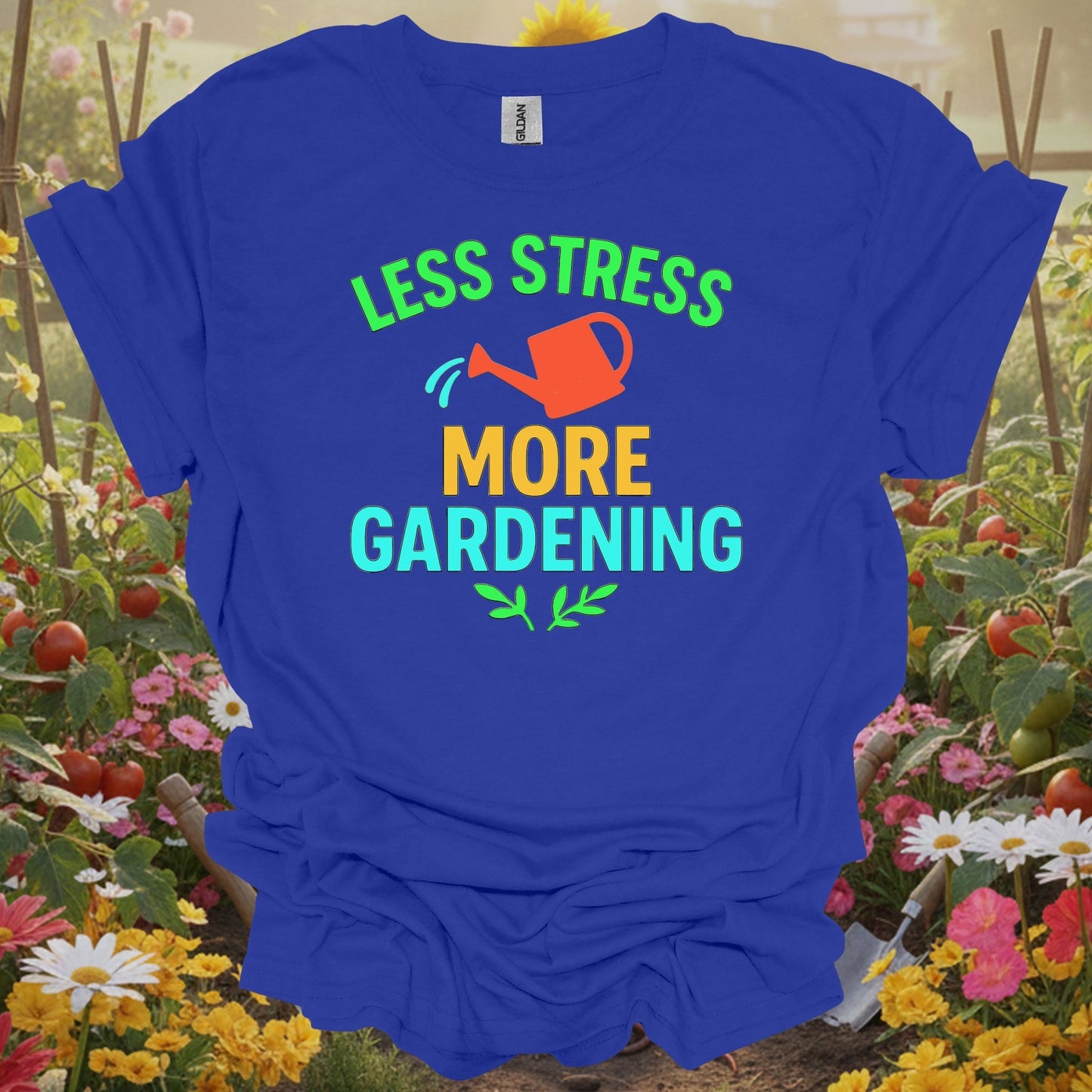 Royal apparel displaying a bright orange watering can on a casual gardening tee for those who value a peaceful sanctuary.