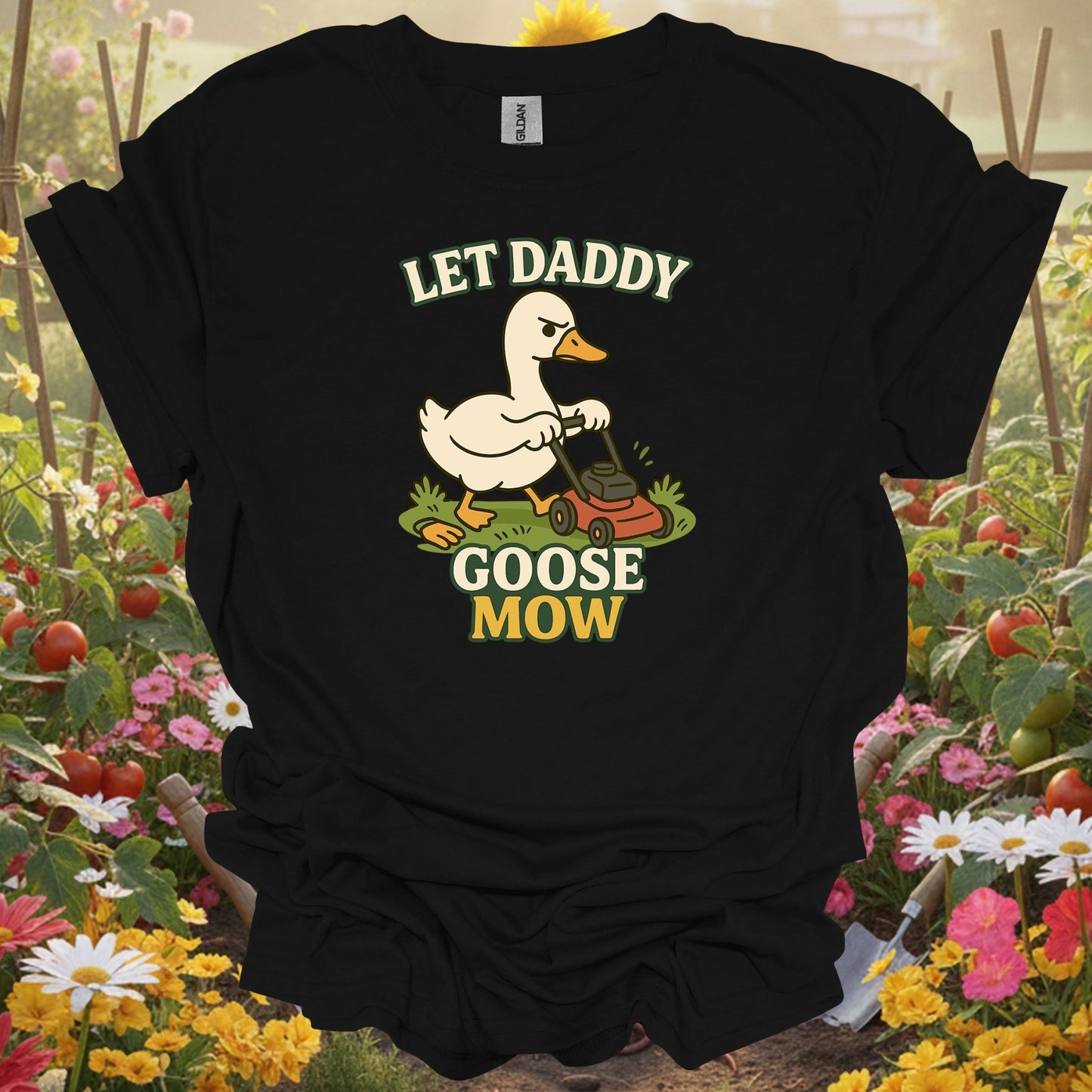 Black shirt showing let daddy goose mow funny grumpy goose for outdoor enthusiasts