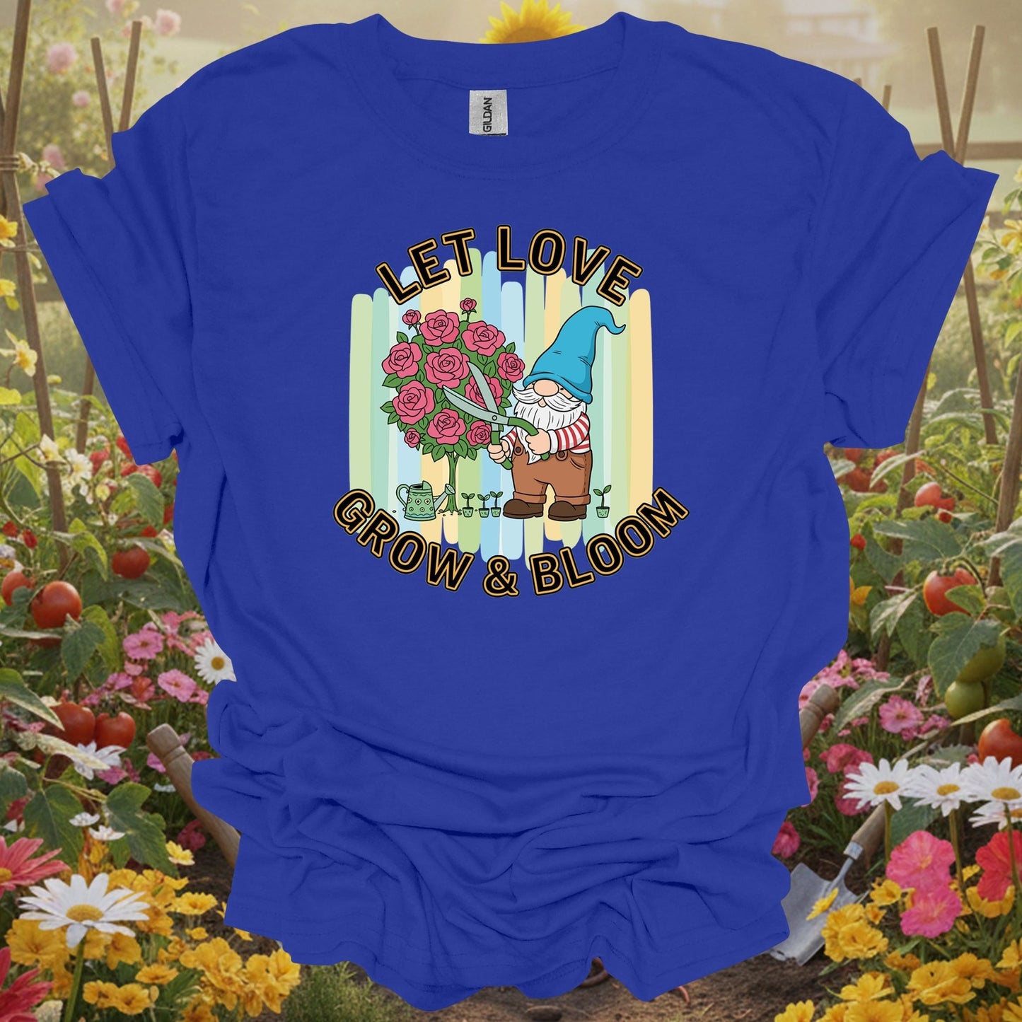 Let Love Grow & Bloom Funny Garden Gnome T-Shirt - GardeningTshirts