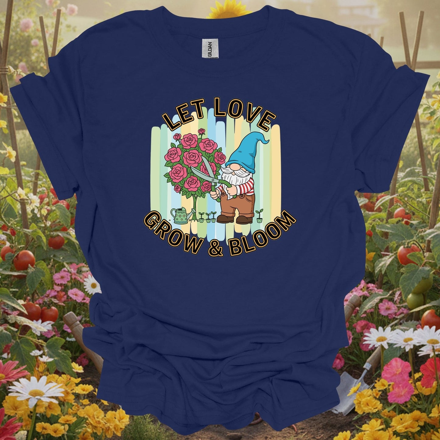 Let Love Grow & Bloom Funny Garden Gnome T-Shirt - GardeningTshirts