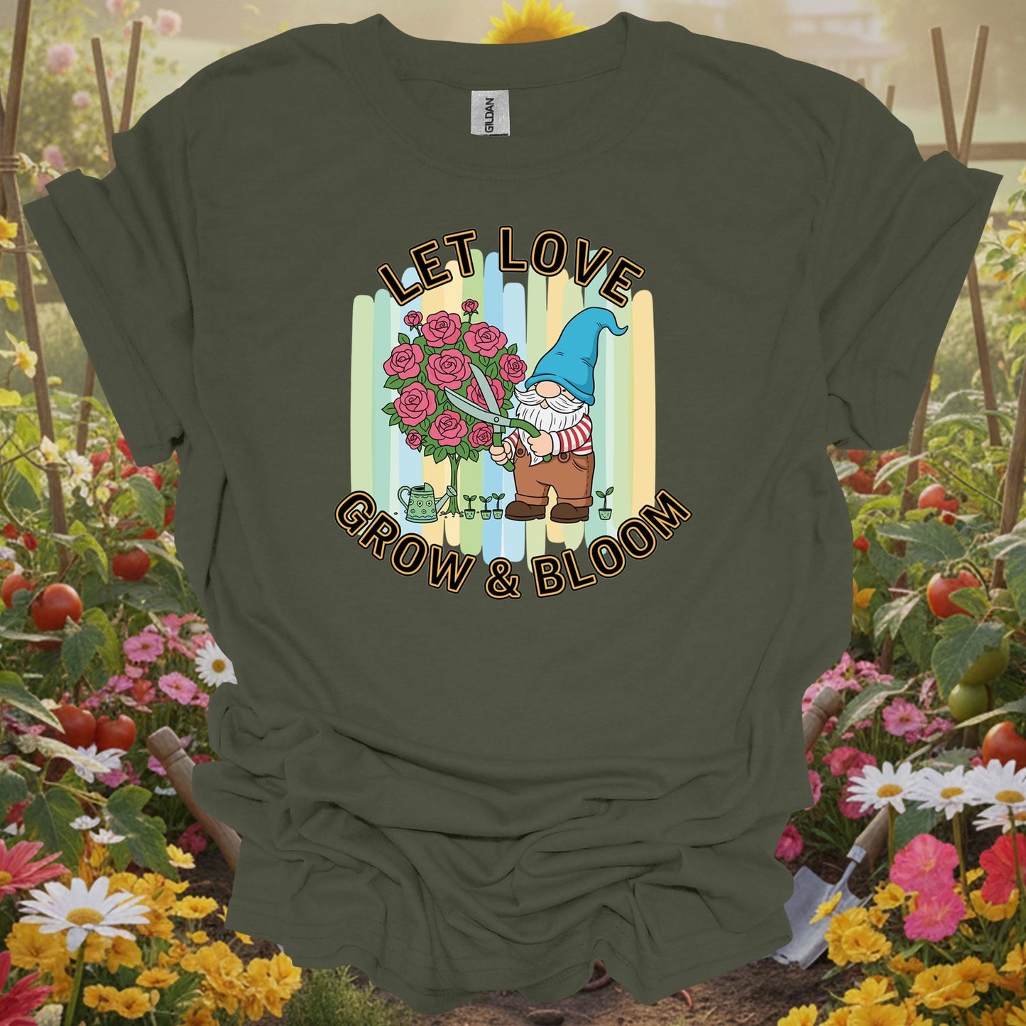 Let Love Grow & Bloom Funny Garden Gnome T-Shirt - GardeningTshirts