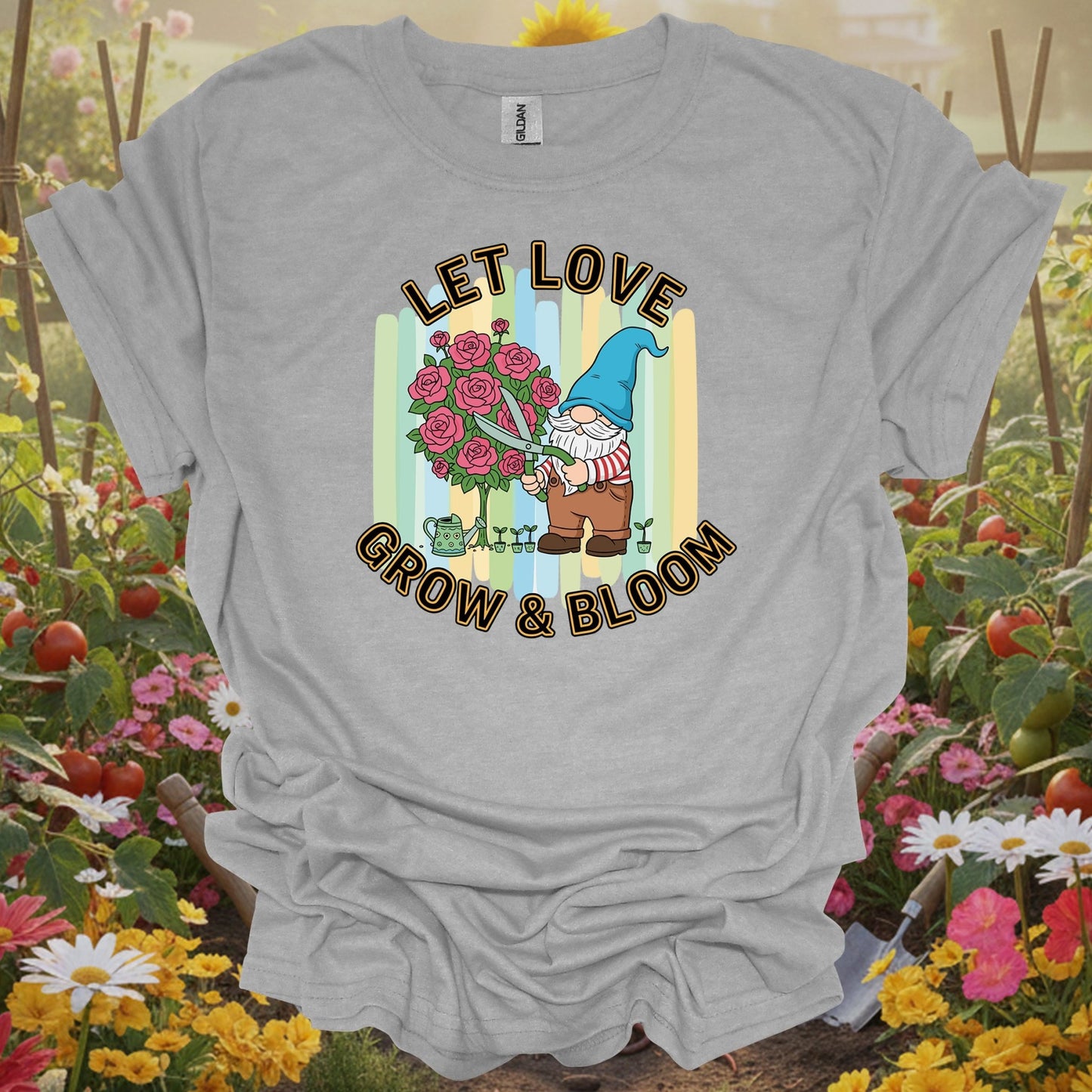 Let Love Grow & Bloom Funny Garden Gnome T-Shirt - GardeningTshirts