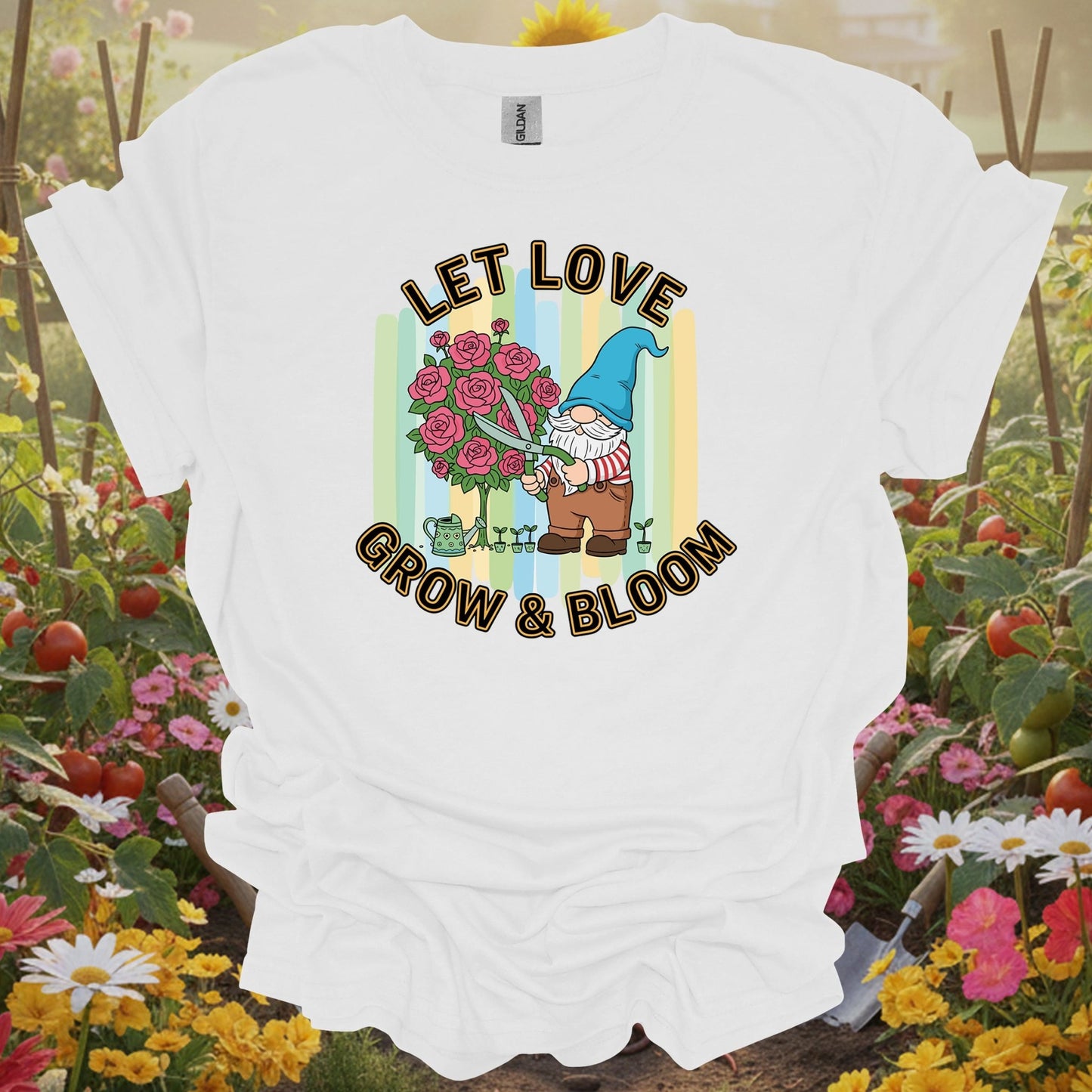 Let Love Grow & Bloom Funny Garden Gnome T-Shirt - GardeningTshirts