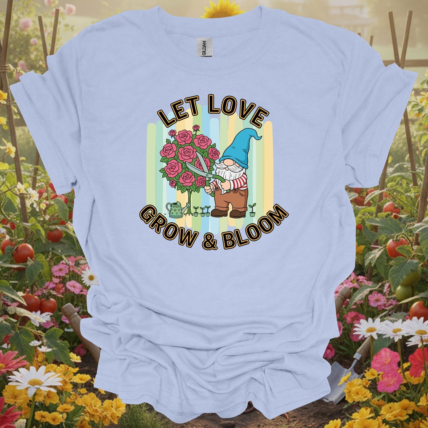 Let Love Grow & Bloom Funny Garden Gnome T-Shirt - GardeningTshirts