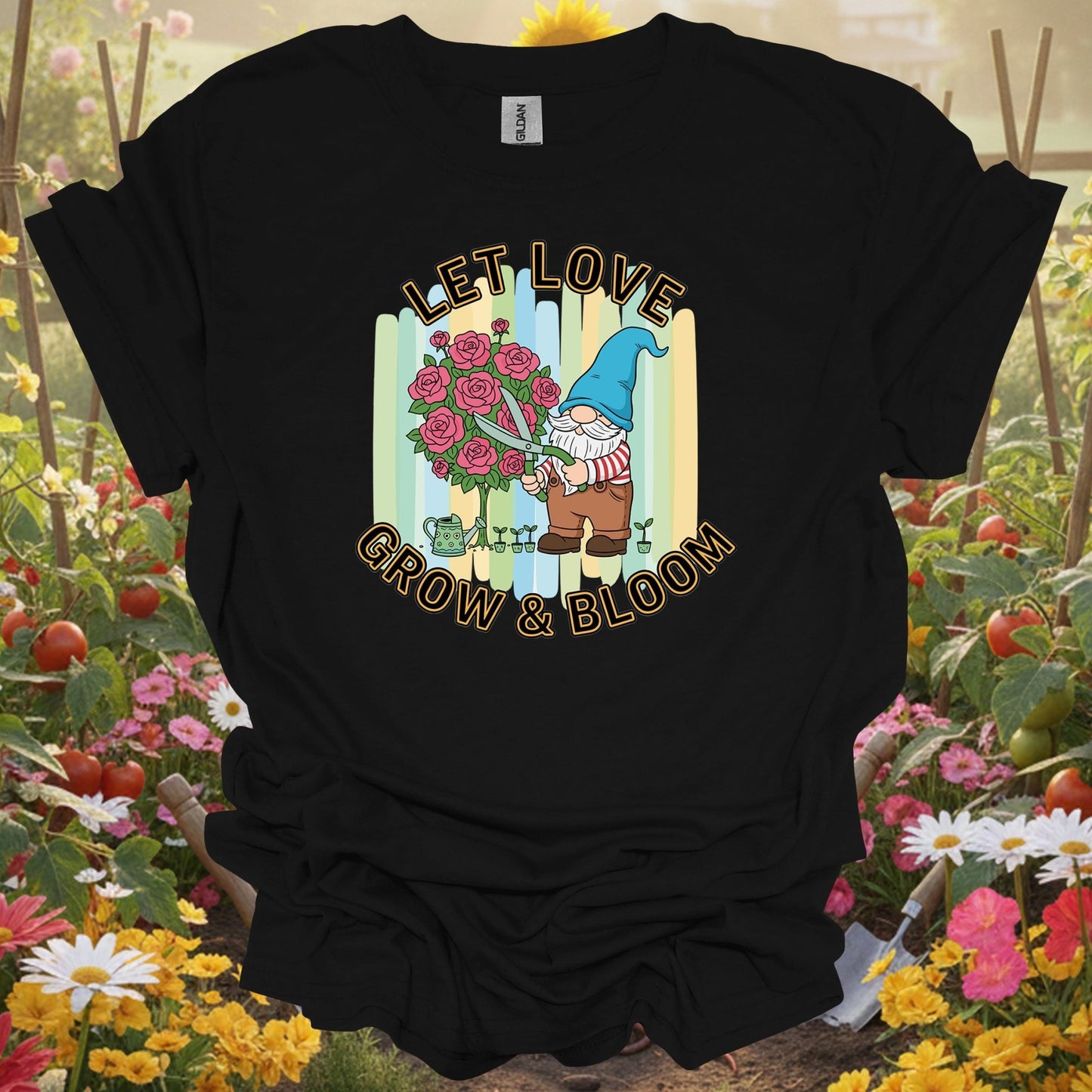 Let Love Grow & Bloom Funny Garden Gnome T-Shirt - GardeningTshirts