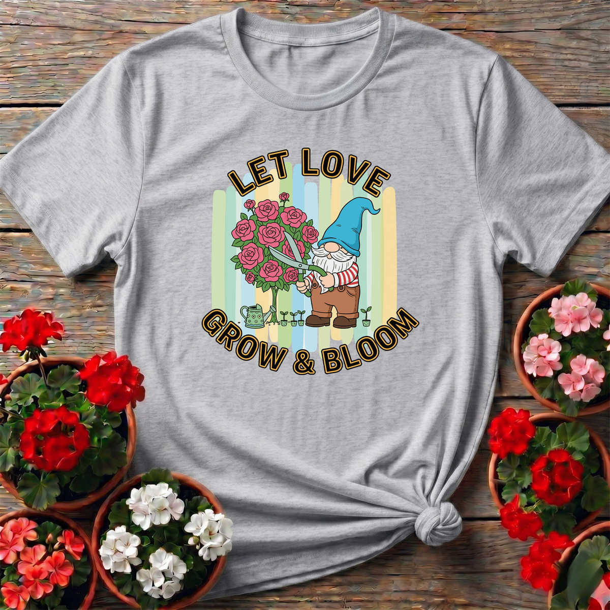 Let Love Grow & Bloom Funny Garden Gnome Tee - GardeningTshirts