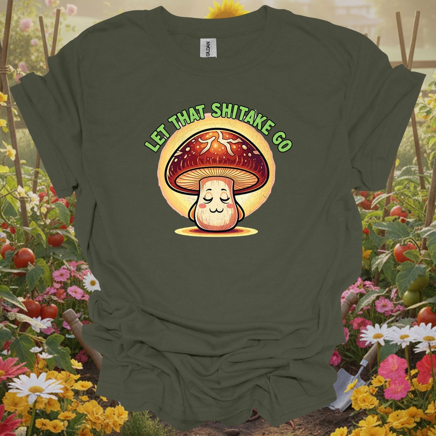 Military Green top showing let that shiitake go funny mushroom for nature lovers