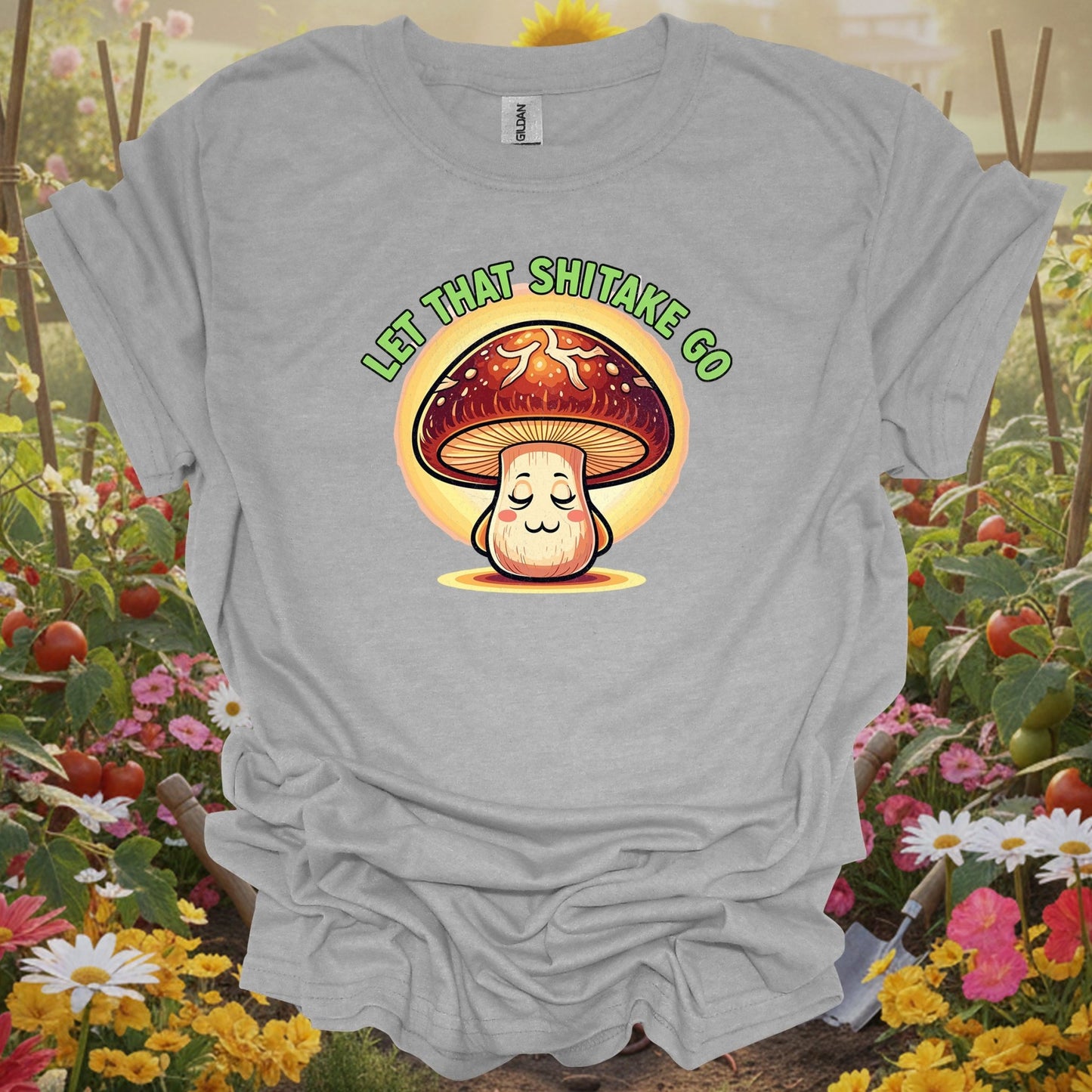 Sport Grey tshirt showing let that shiitake go funny mushroom for backyard growers