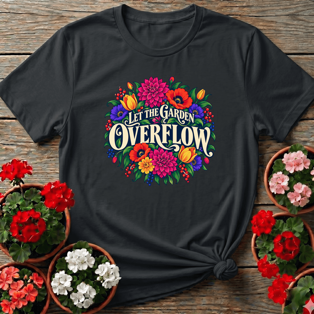 Black cottagecore jewel-toned floral gardening tee with "Let the Garden Overflow" for lush garden lovers