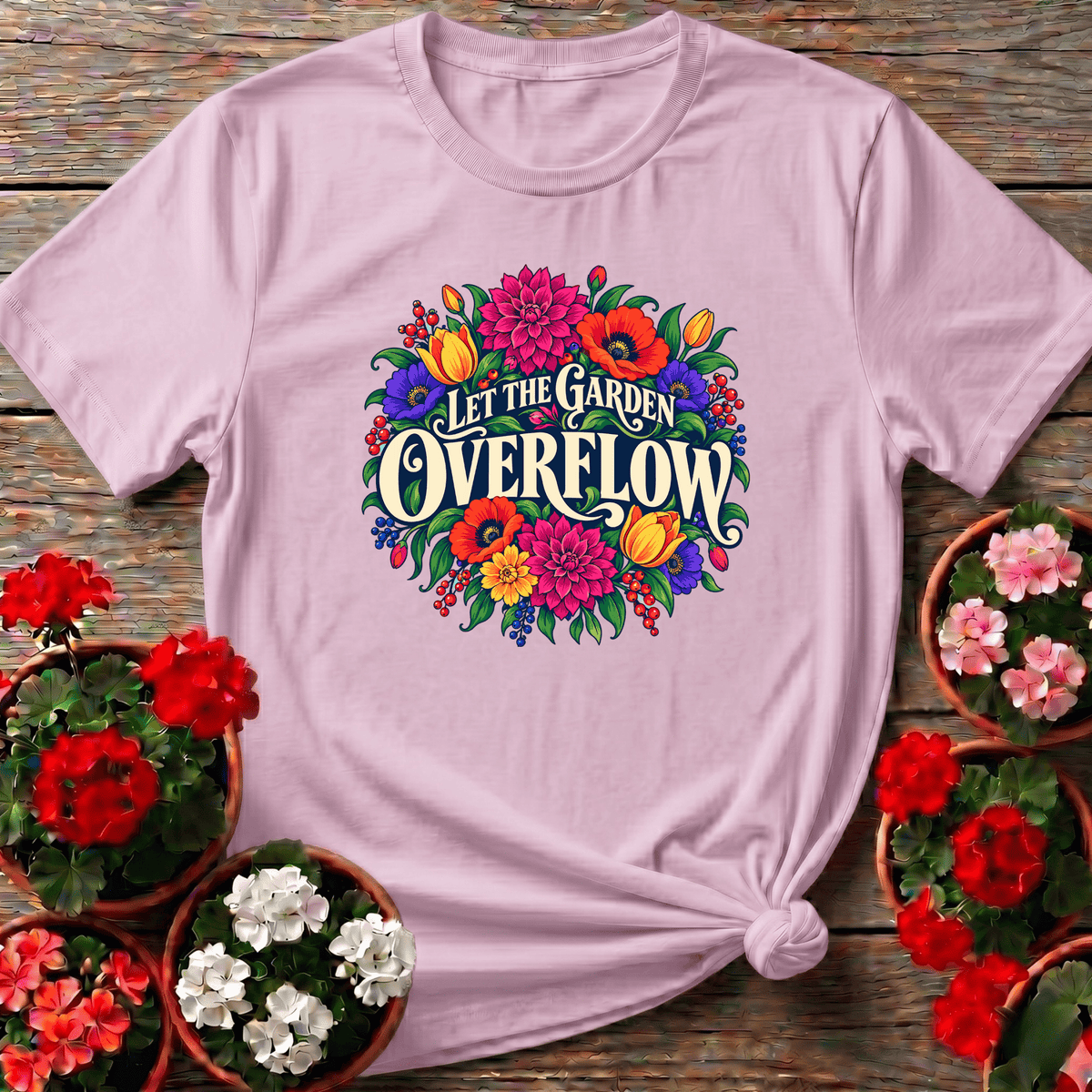 Light Pink soft maximalist cottagecore floral tee with "Let the Garden Overflow" for flower garden enthusiasts