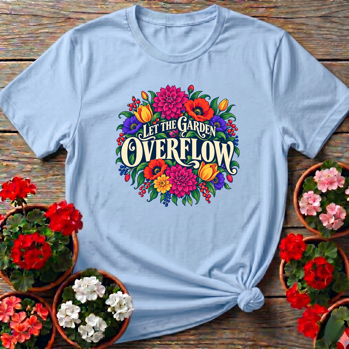 Light Blue vibrant overgrown floral bouquet tee with "Let the Garden Overflow" for cottage garden fans