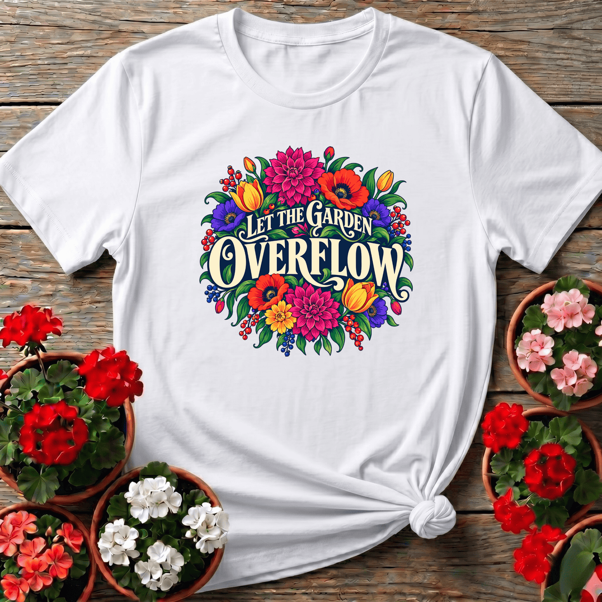 White vibrant vintage-style floral bouquet t-shirt with "Let the Garden Overflow" for cottage gardeners