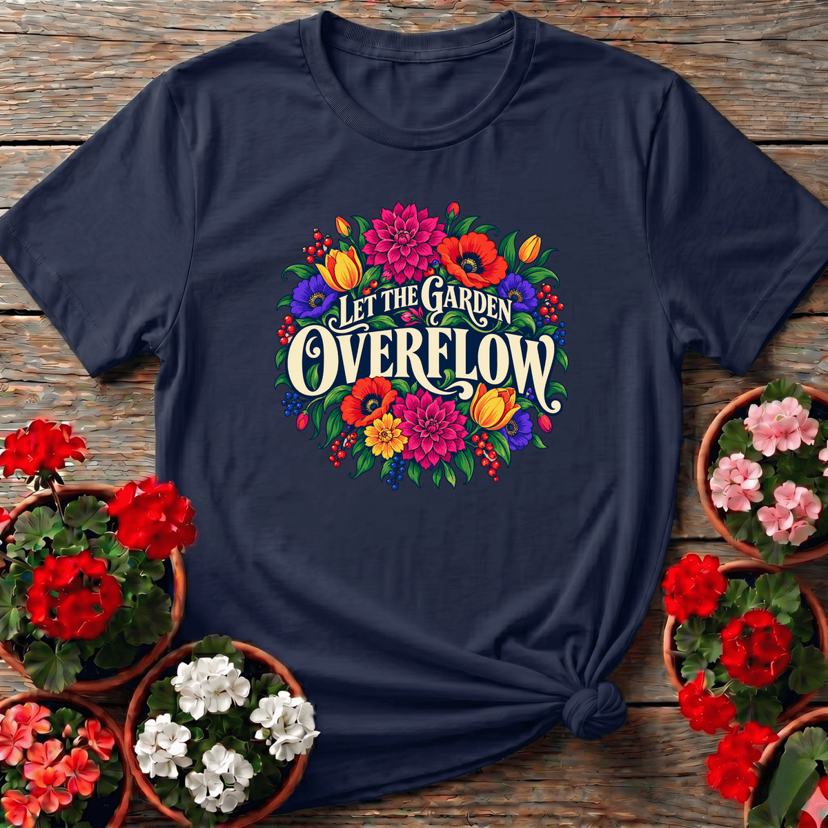 Navy rich romantic floral wreath gardening shirt with "Let the Garden Overflow" for wildflower enthusiasts