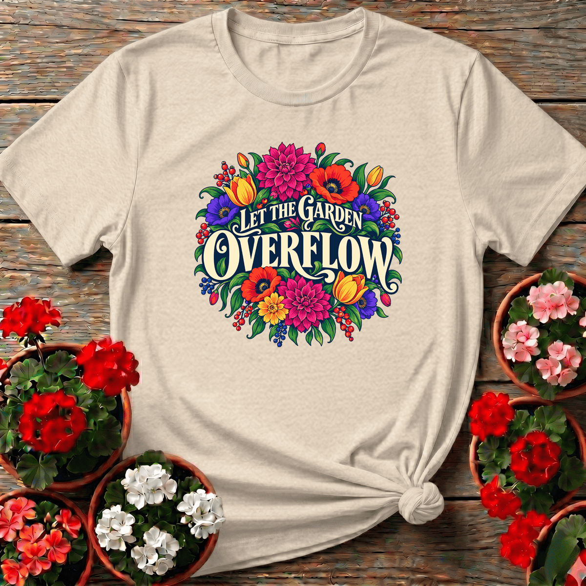 Natural vintage-style abundant floral wreath shirt with "Let the Garden Overflow" for wildflower gardeners