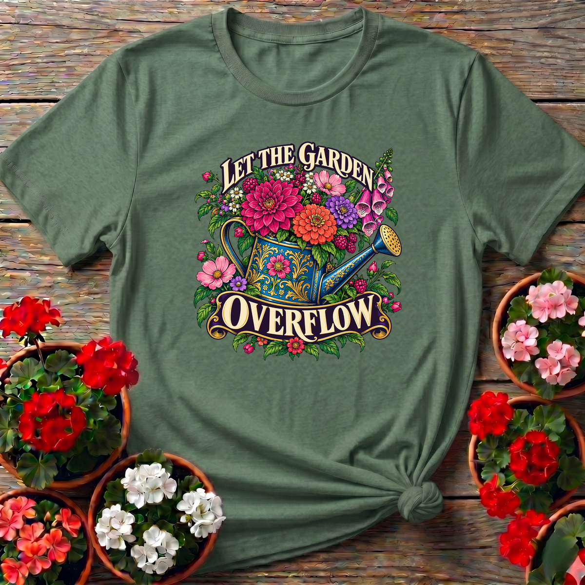 Military Green cottagecore floral gardening tee with ornate gilded watering can and "Let the Garden Overflow" text
