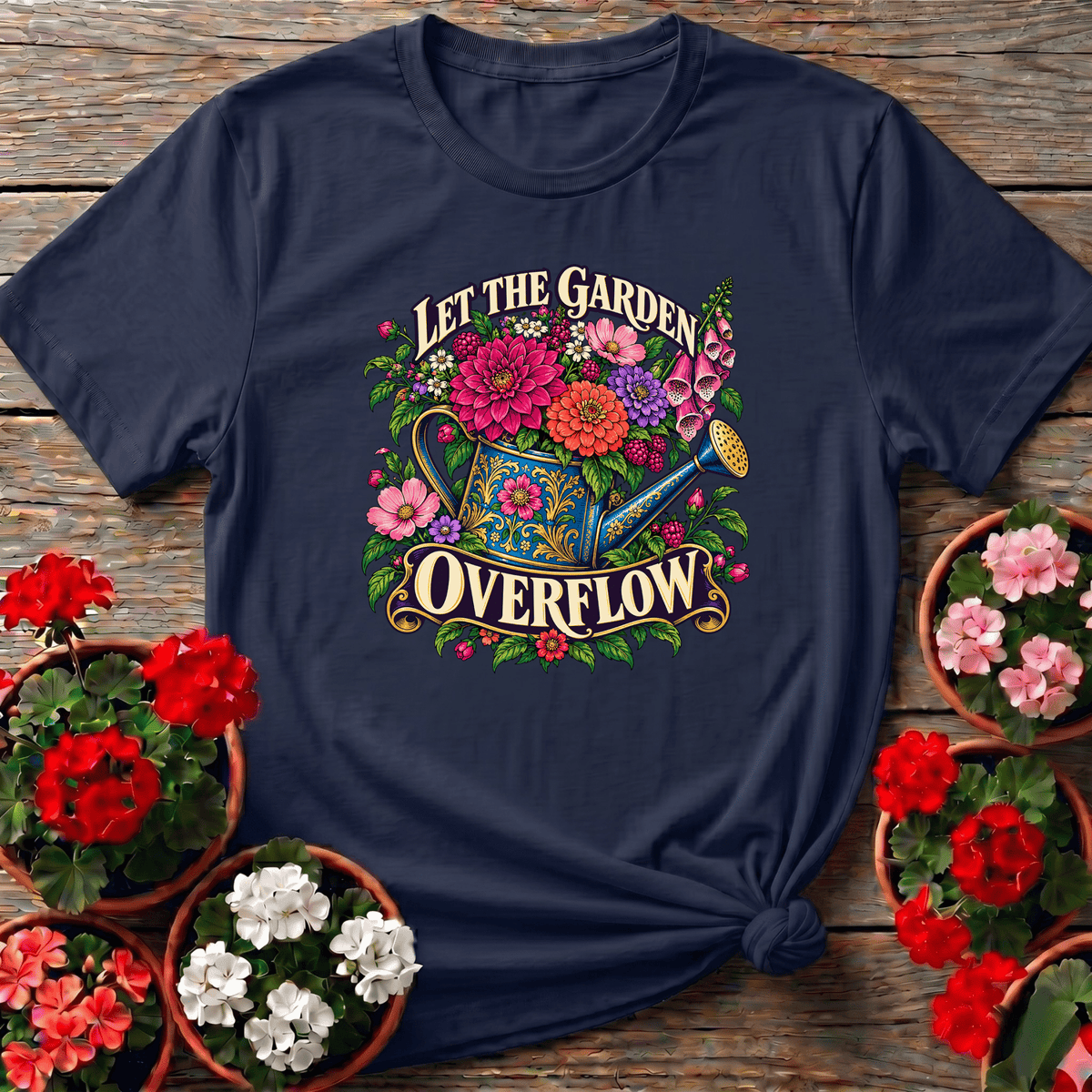 Navy Victorian botanical style gardening tee with "Let the Garden Overflow" and overflowing floral watering can
