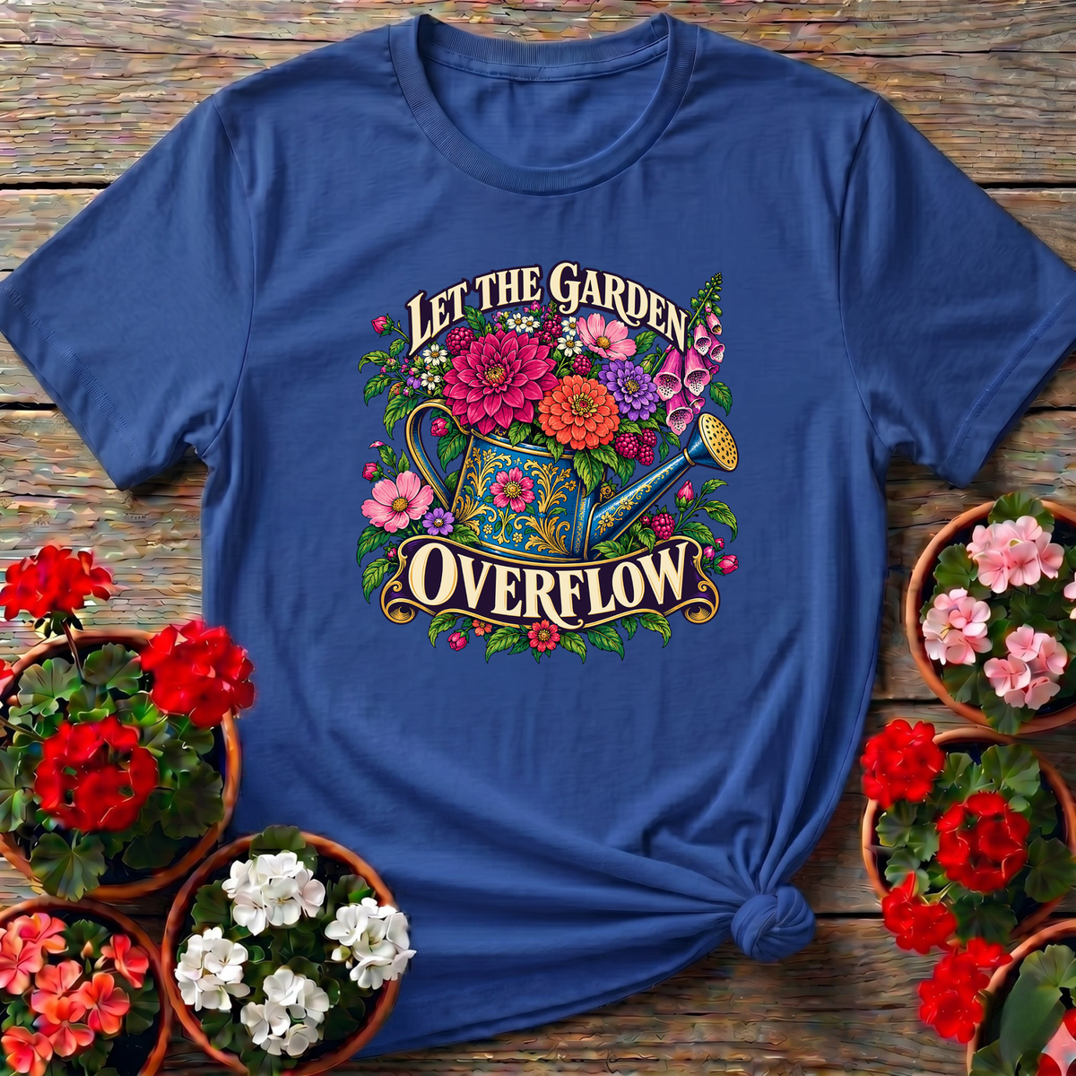 Royal rich floral cottagecore gardening shirt featuring ornate watering can with dahlias and foxglove for gardeners