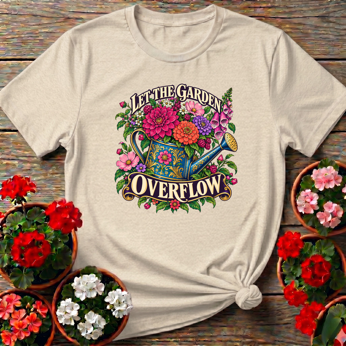 Natural Victorian botanical style gardening shirt with abundant floral watering can design for cottage garden lovers