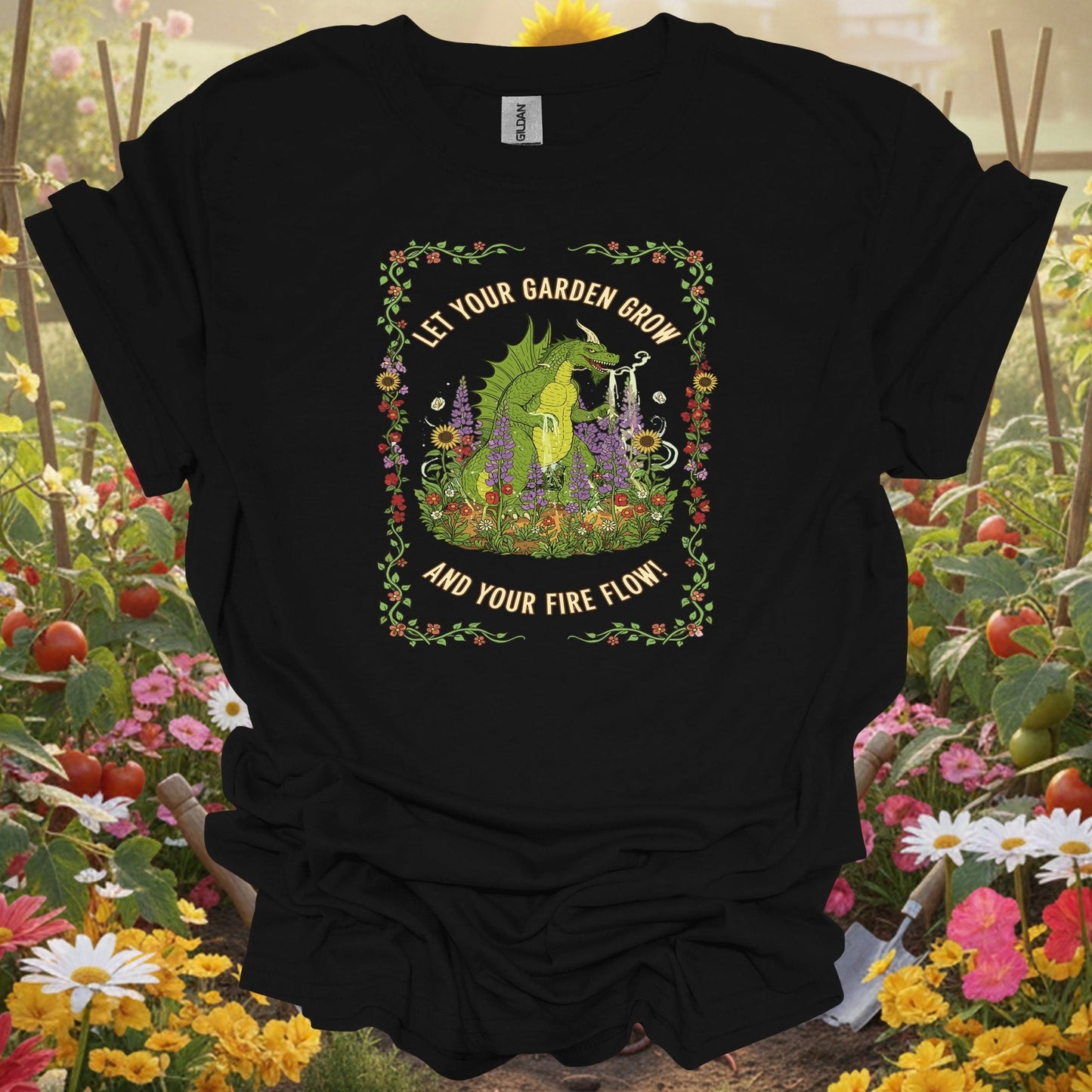 Black shirt showing let your garden grow fire flow dragon for outdoor enthusiasts