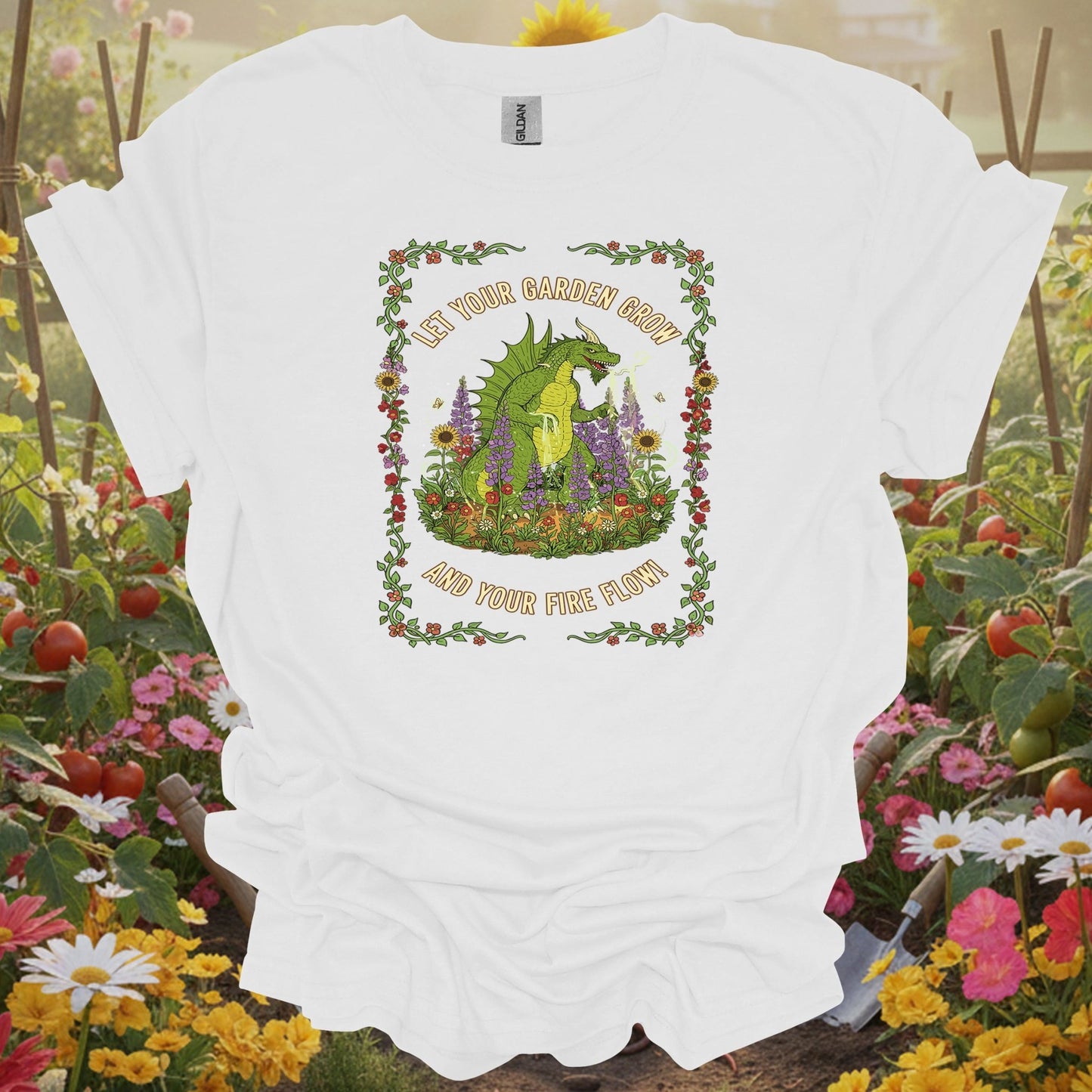 White tee showing let your garden grow fire flow dragon for garden hobbyists