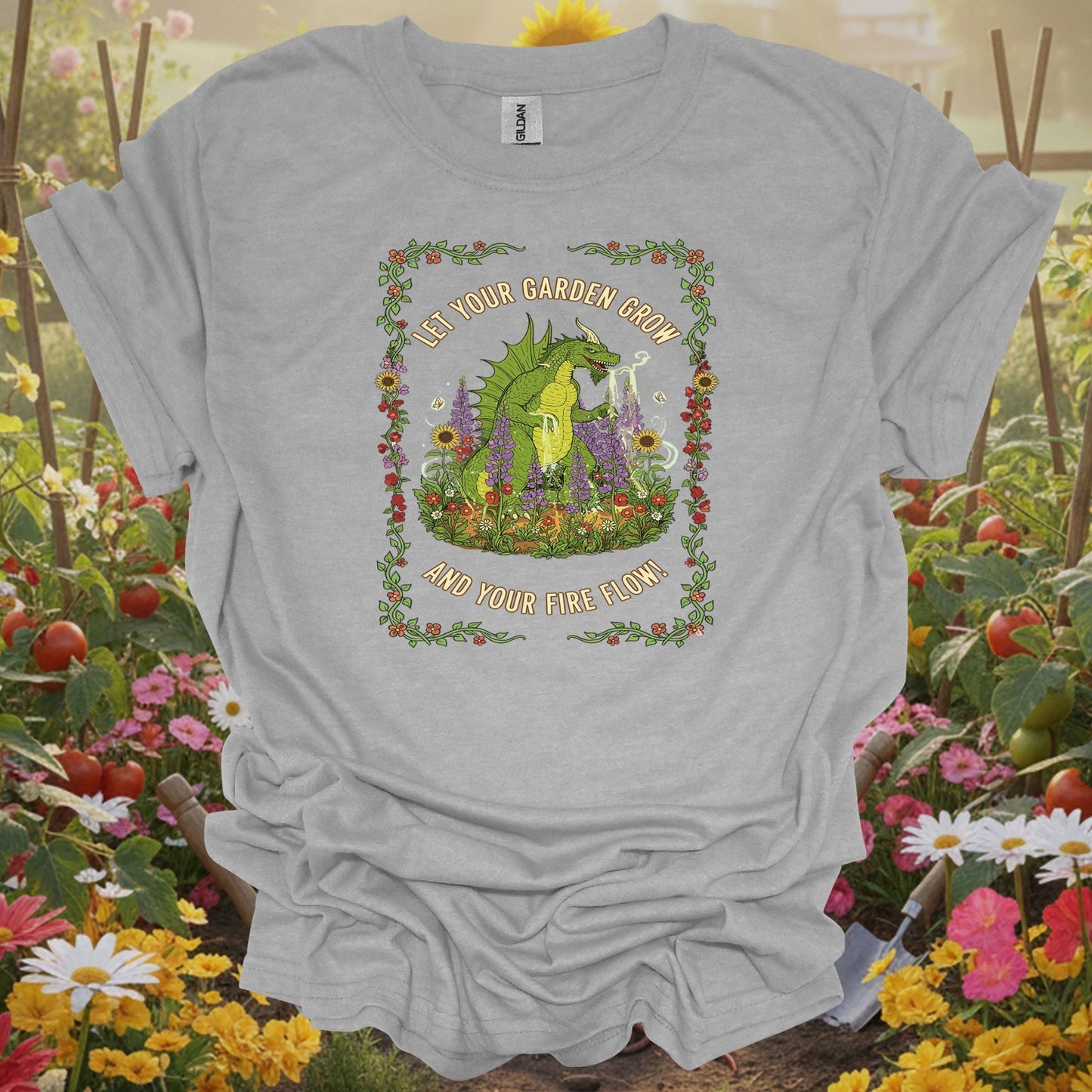 Sport Grey tshirt showing let your garden grow fire flow dragon for backyard growers