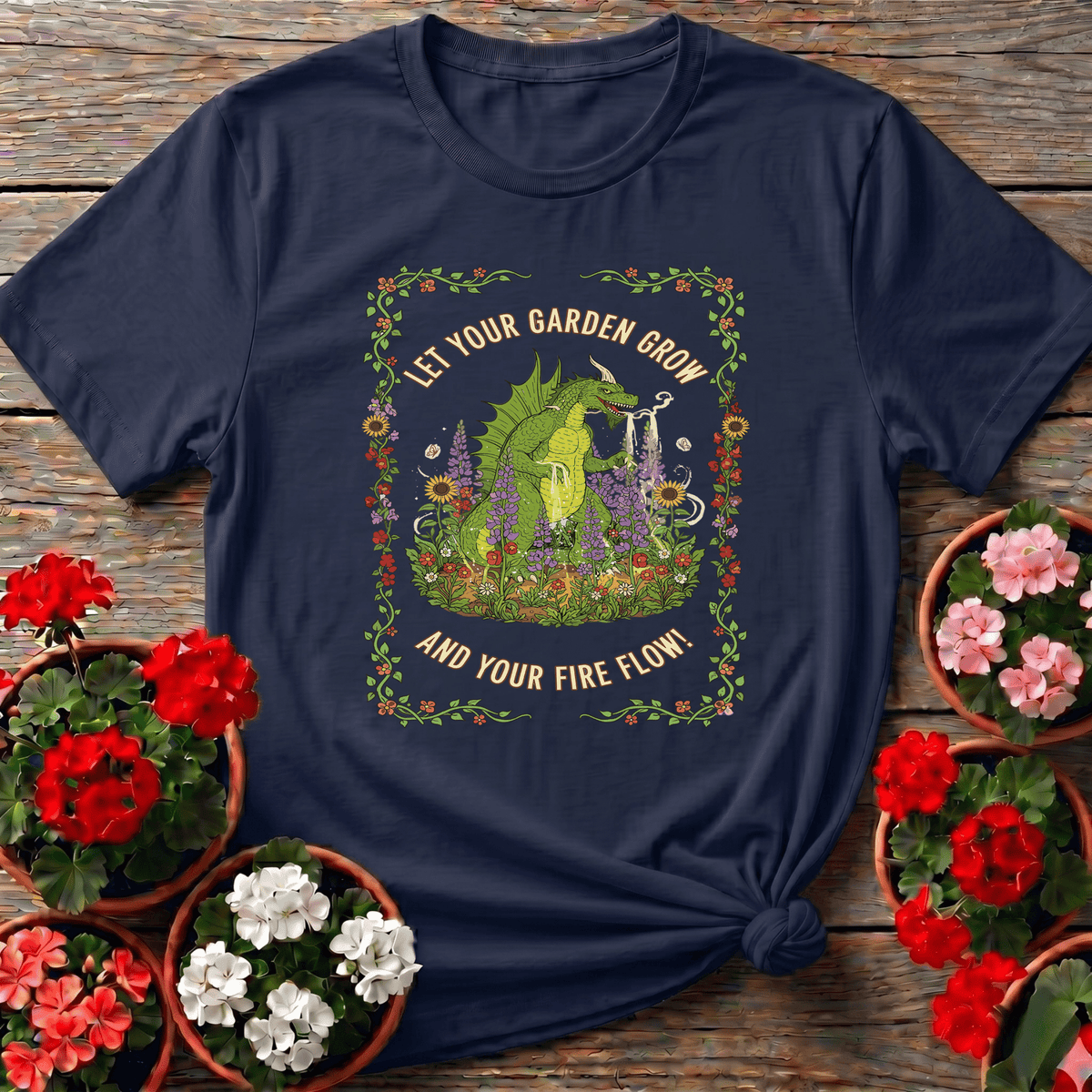 Navy folk art dragon gardening tee with "Let Your Garden Grow And Your Fire Flow" for cottagecore fans