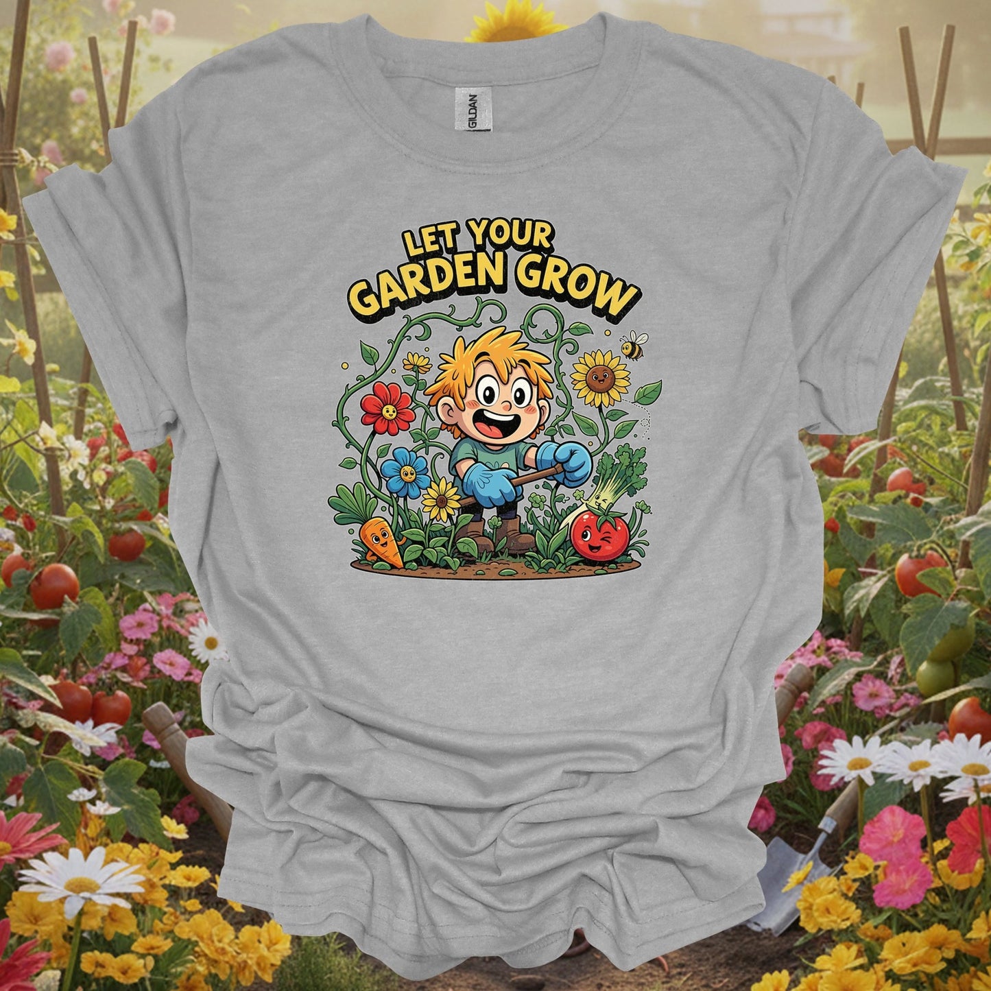 Sport Grey tshirt showing an adorable illustration of a young gardener discovering the wonders of the soil for chicken keepers growing greens for flocks