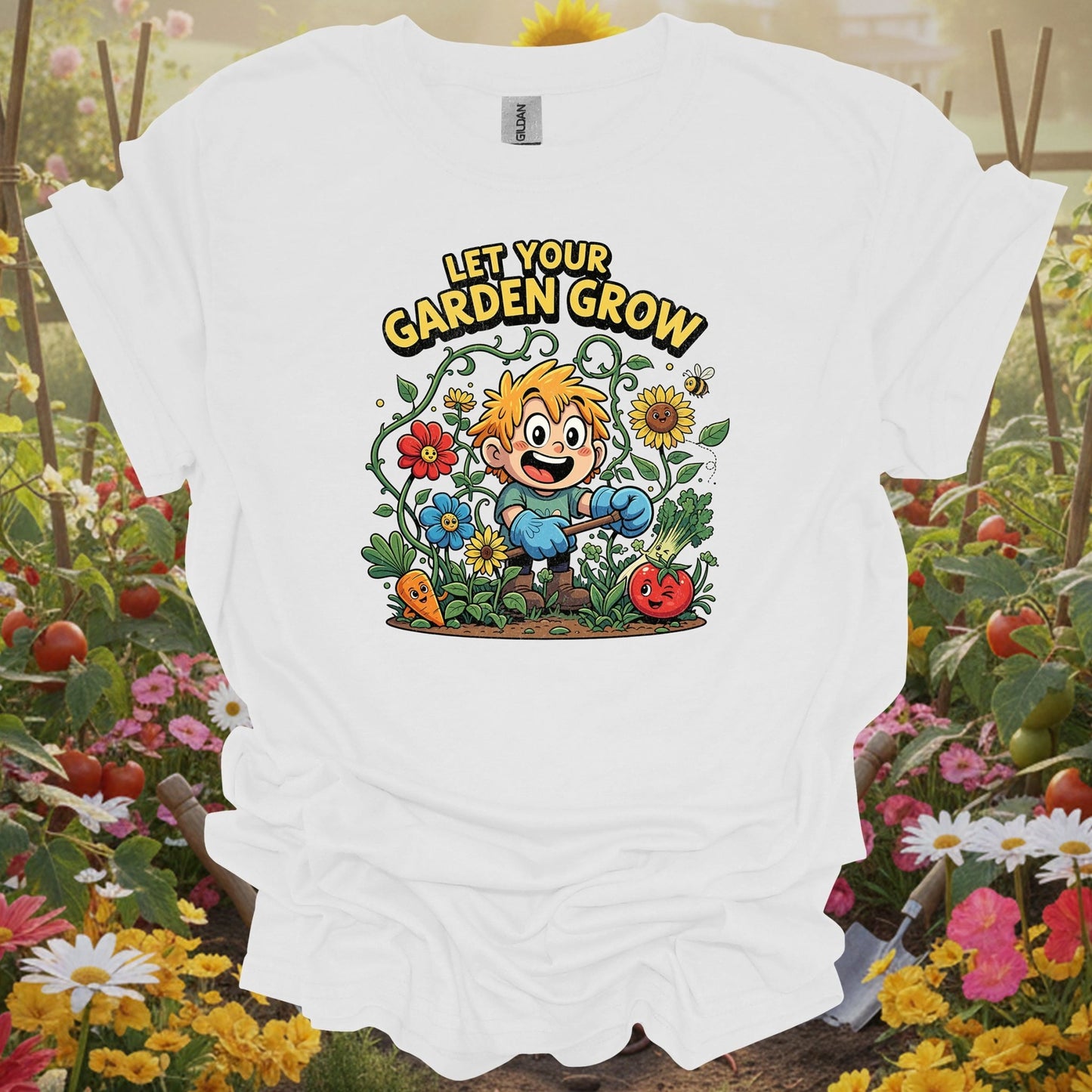 White tshirt showing an adorable illustration of a young gardener discovering the wonders of the soil for chicken keepers growing greens for flocks