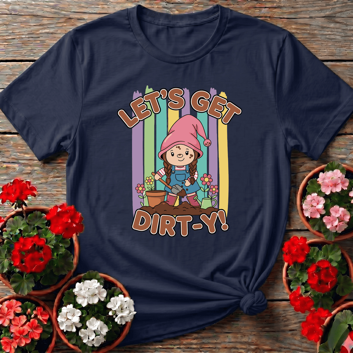 Navy cute braided gnome girl gardening tee with "Let's Get Dirt-Y" for women who love the garden