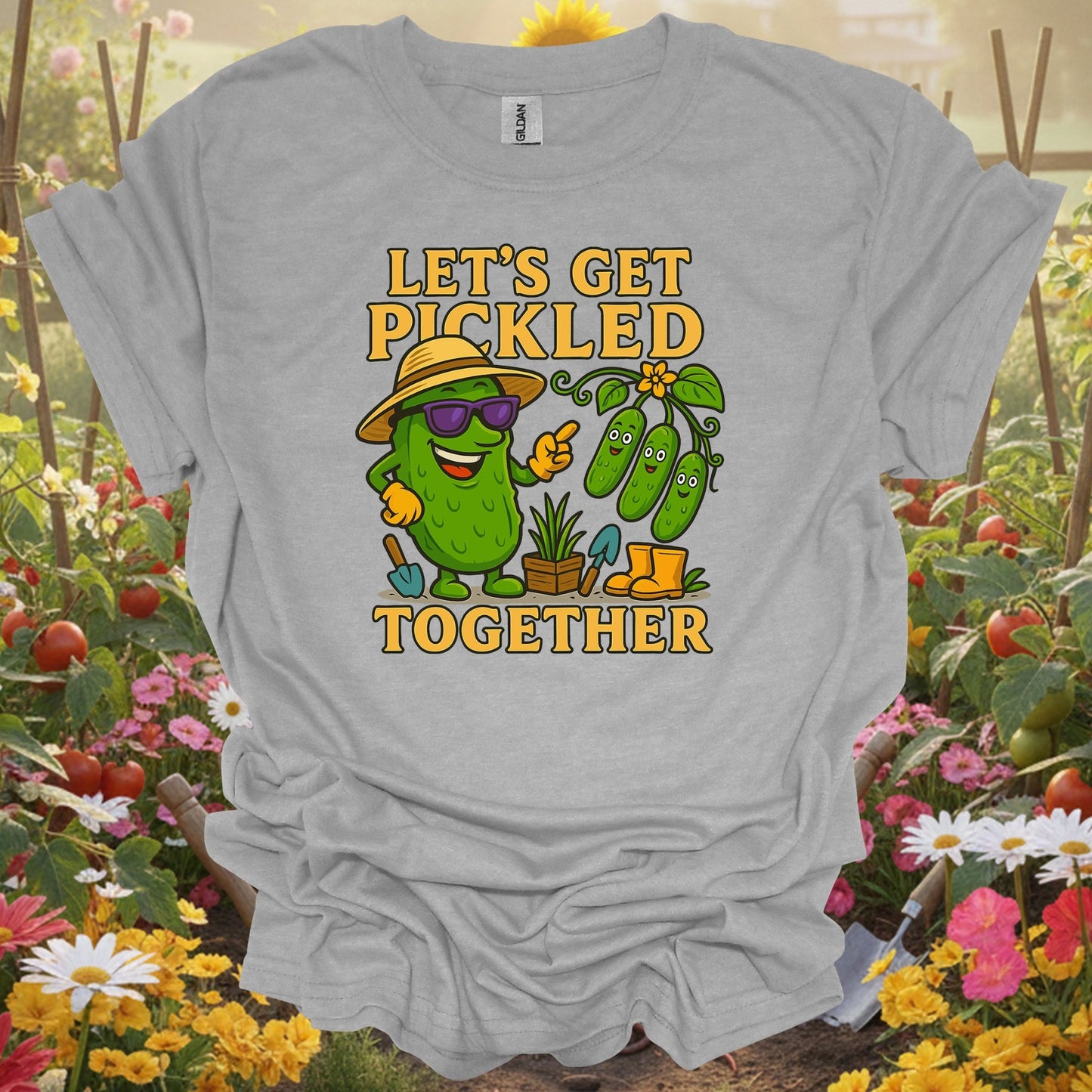 Sport Grey tshirt showing let's get pickled together funny pickle for backyard growers